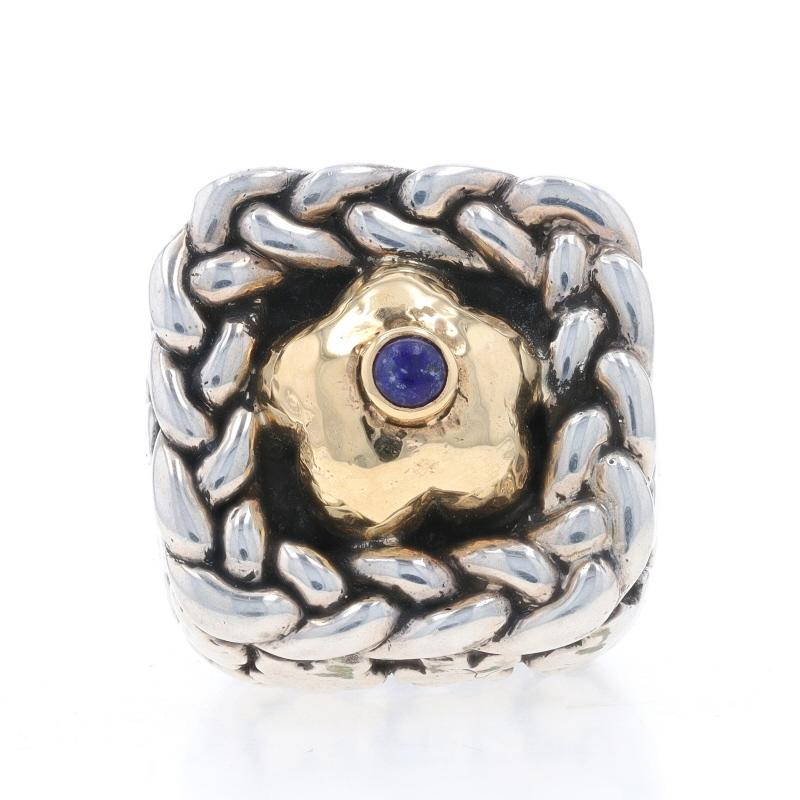 Size: 6 3/4
Sizing Fee: Up 1 size for $50 or Down 1 size for $50

Brand: Dian Malouf

Metal Content: Sterling Silver & 14k Yellow Gold

Stone Information
Natural Lapis Lazuli
Cut: Round Cabochon
Color: Blue

Style: Solitaire
Theme: Flowers
Features: