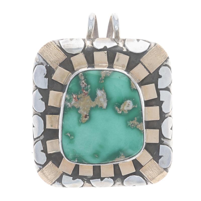 Designer: Dian Malouf

Metal Content: Sterling Silver & 14k Yellow Gold

Stone Information
Natural Turquoise
Treatment: Routinely Enhanced
Color: Green, Tan, & Reddish Brown

Style: Solitaire Enhancer Pendant
Theme: Square

Measurements
Tall (from