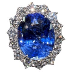Natural No Heat Ceylon Blue Sapphire Ring 14.74ct Oval Diamond Halo 18K White