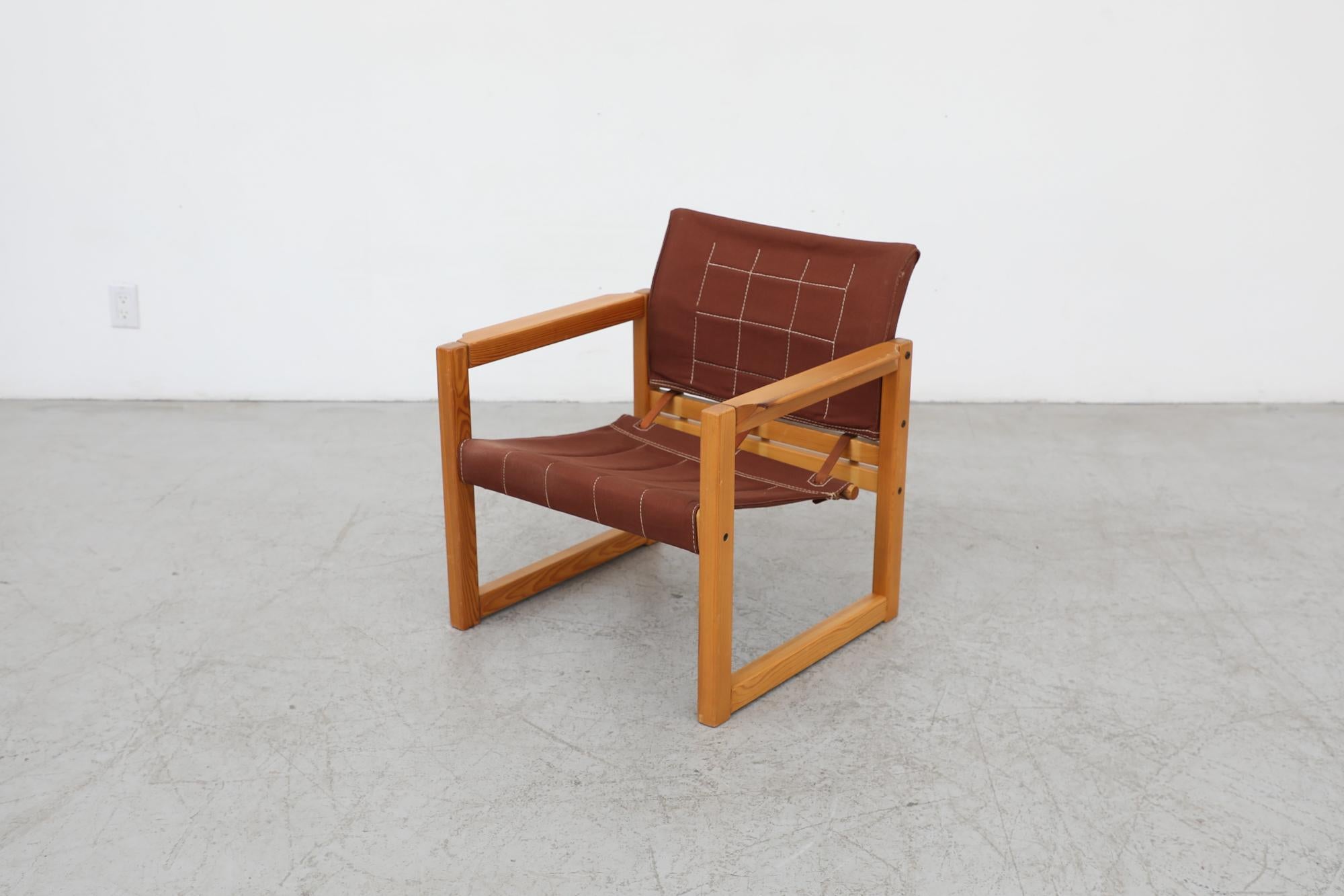 Leather 'Diana' Armchair w/ Pine Frame and Brown Canvas Sling by Karin Mobring, 1980's For Sale