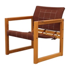 Sillón "Diana" con estructura de pino y arnés de lona marrón, por Karin Mobring, años 80