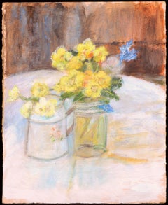 Flowers in a Glass Jar - Mid 20th Century Modern British Oil on Board Painting