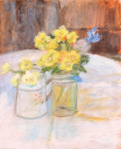 Flowers in a Glass Jar - Mid 20th Century Modern British Oil on Board Painting