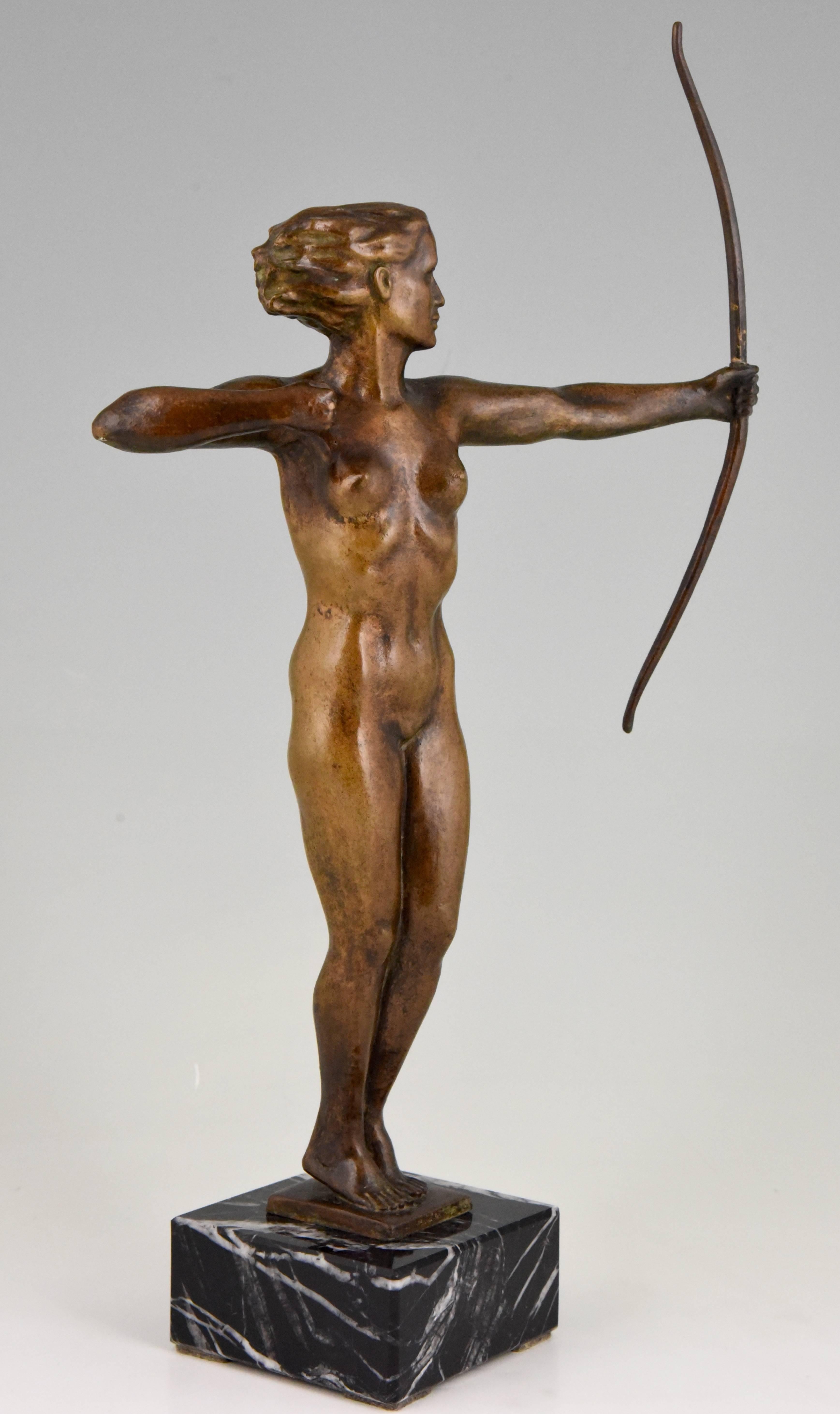 Diana  Art Deco Bronze Sculpture Nude with Bow  V. H. France  1930 2