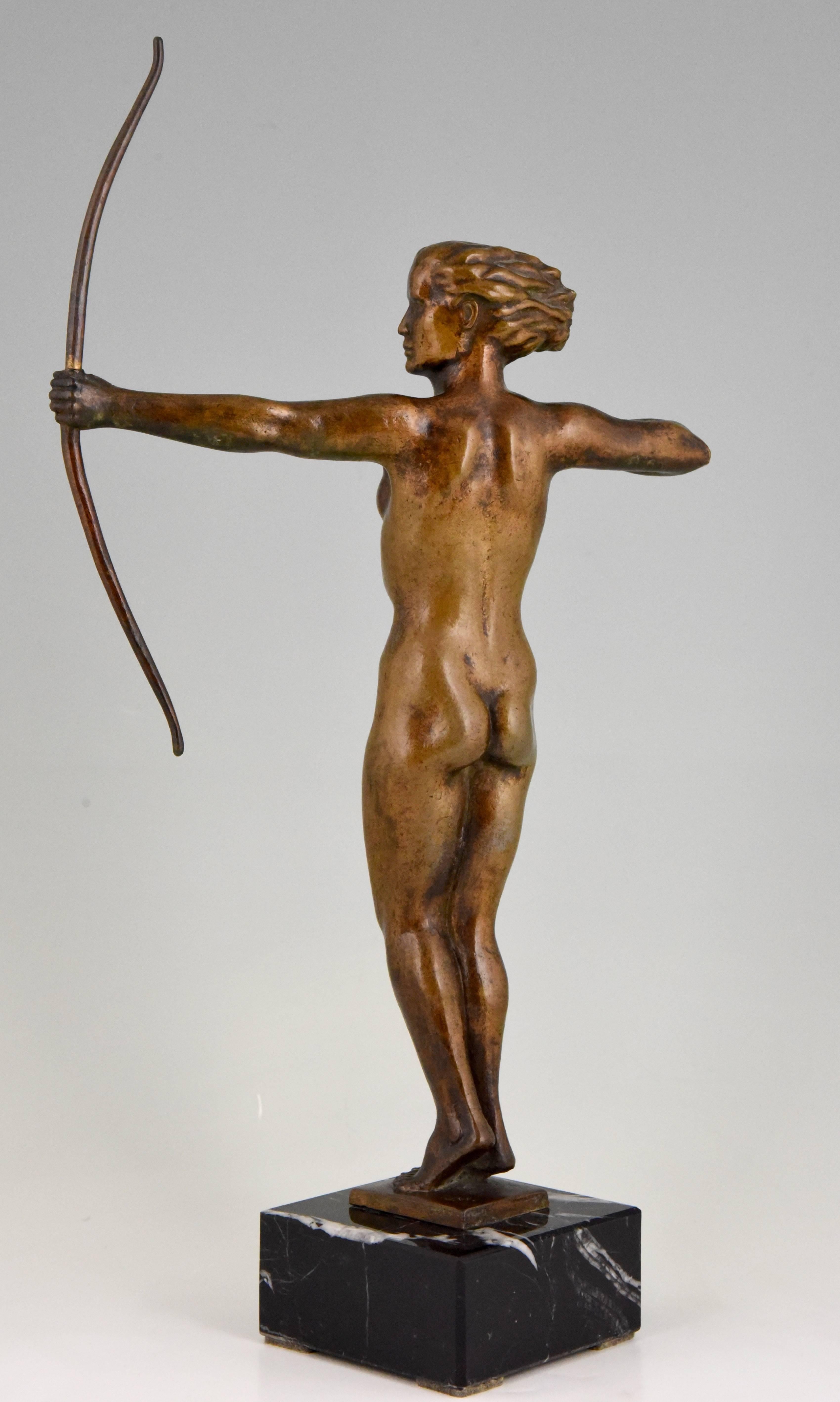 French Diana  Art Deco Bronze Sculpture Nude with Bow  V. H. France  1930