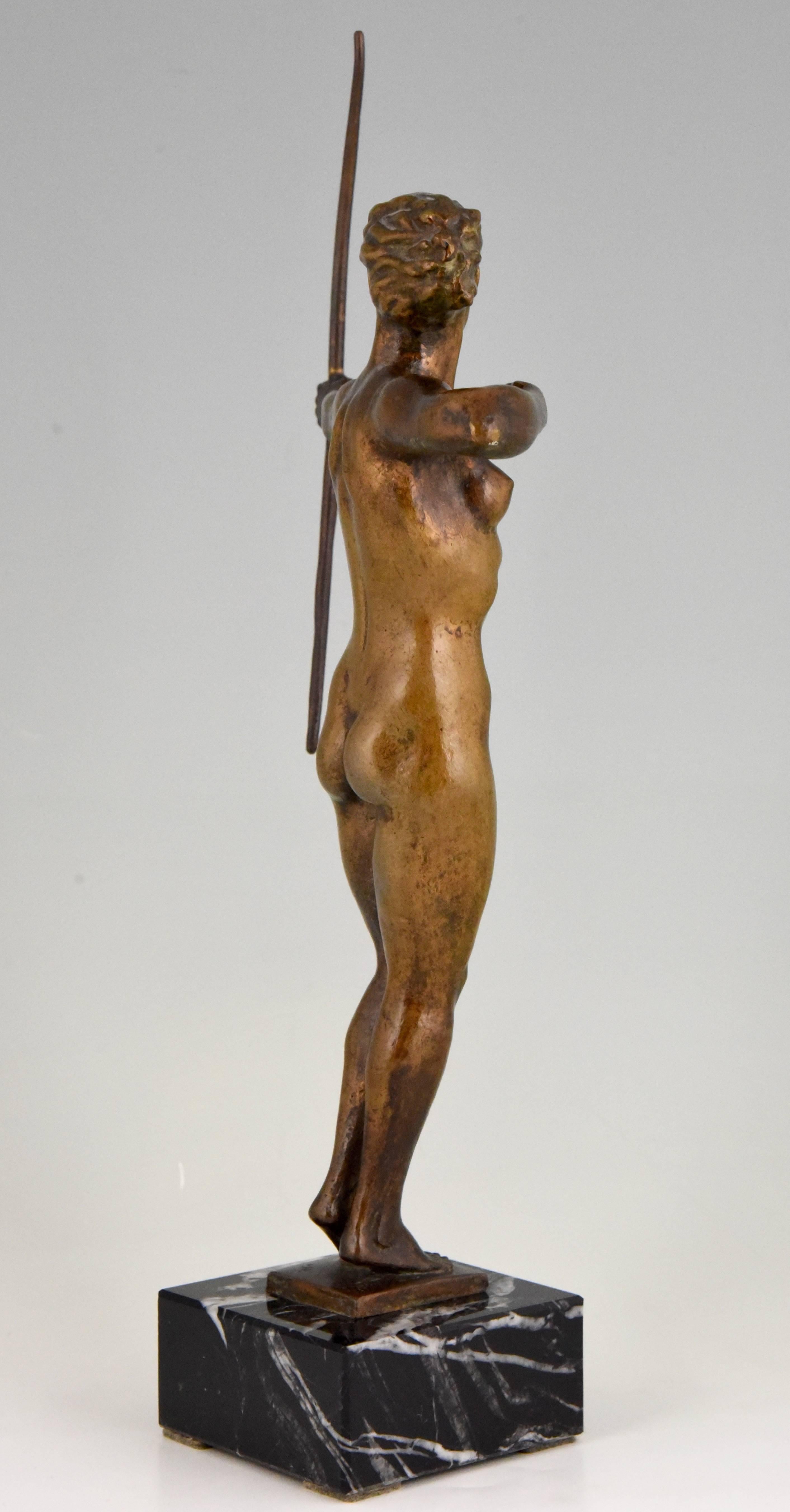 20th Century Diana  Art Deco Bronze Sculpture Nude with Bow  V. H. France  1930