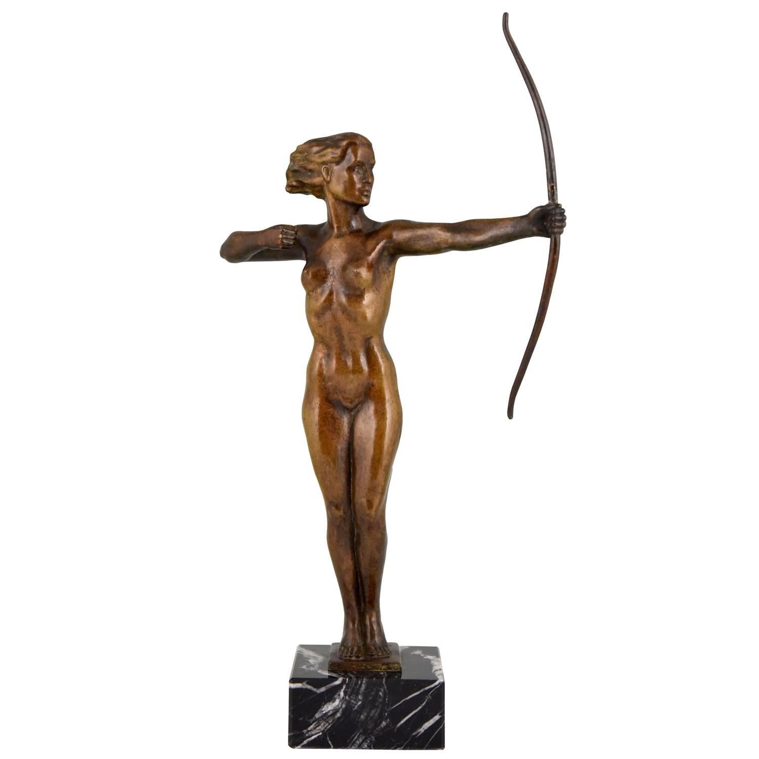 Diana  Art Deco Bronze Sculpture Nude with Bow  V. H. France  1930