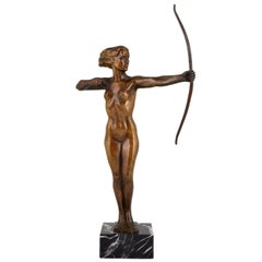 Diana  Art Deco Bronze Sculpture Nude with Bow  V. H. France  1930