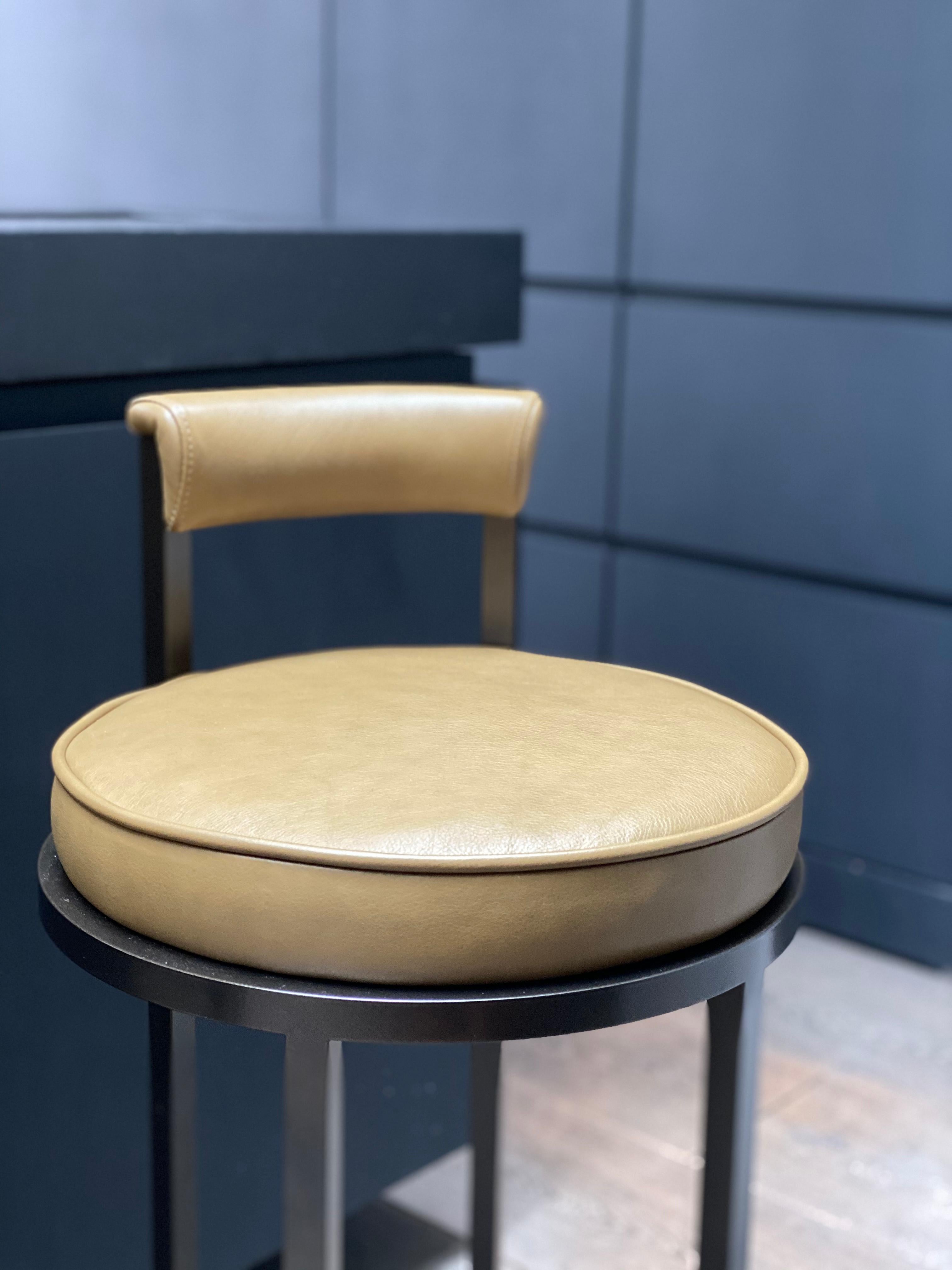 Art Deco Custom Height Diana Bar Stool Circular with Back Rest in Powder-Coated & Leather For Sale