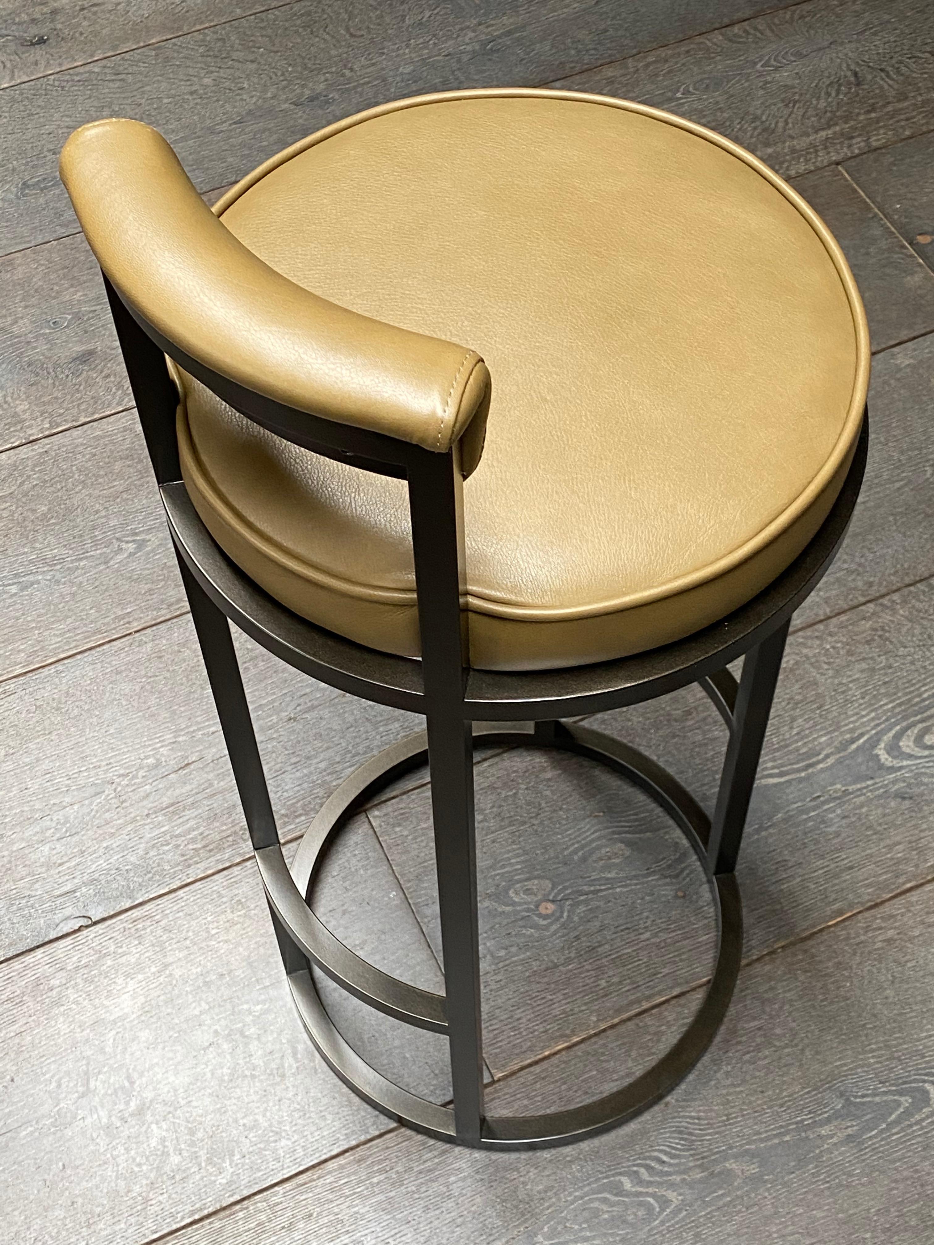Ultrasuede Custom Height Diana Bar Stool Circular with Back Rest in Powder-Coated & Leather For Sale