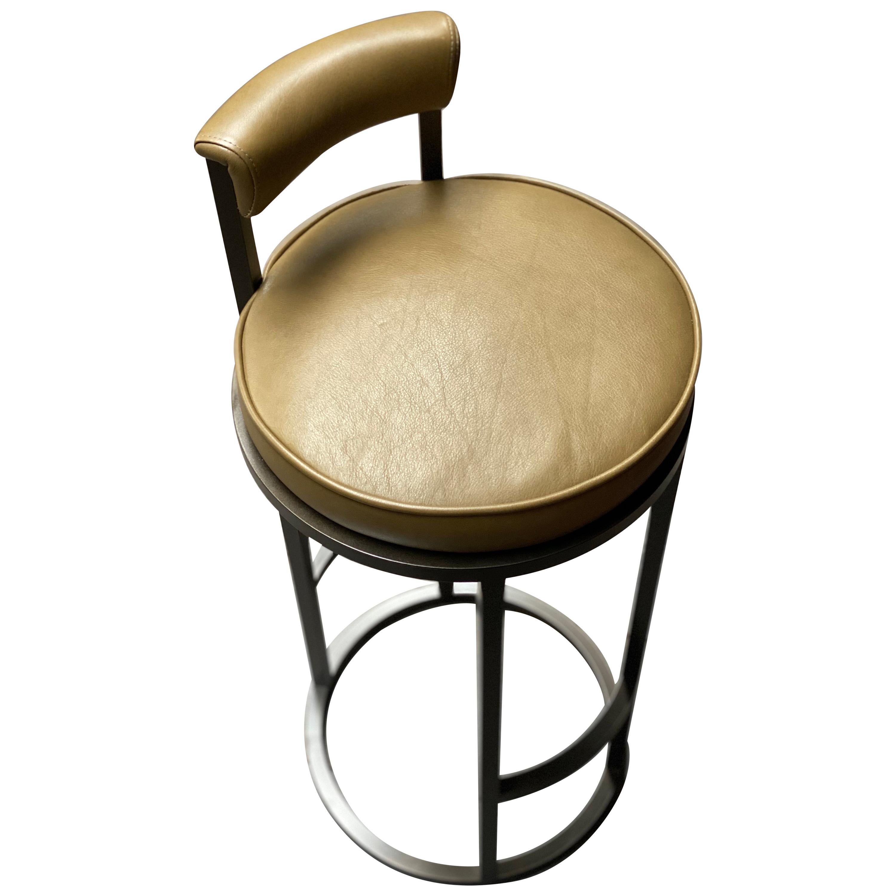 Diana Bar Stool Circular with Back Rest in Steel Powder-Coated & Mousse Leather For Sale