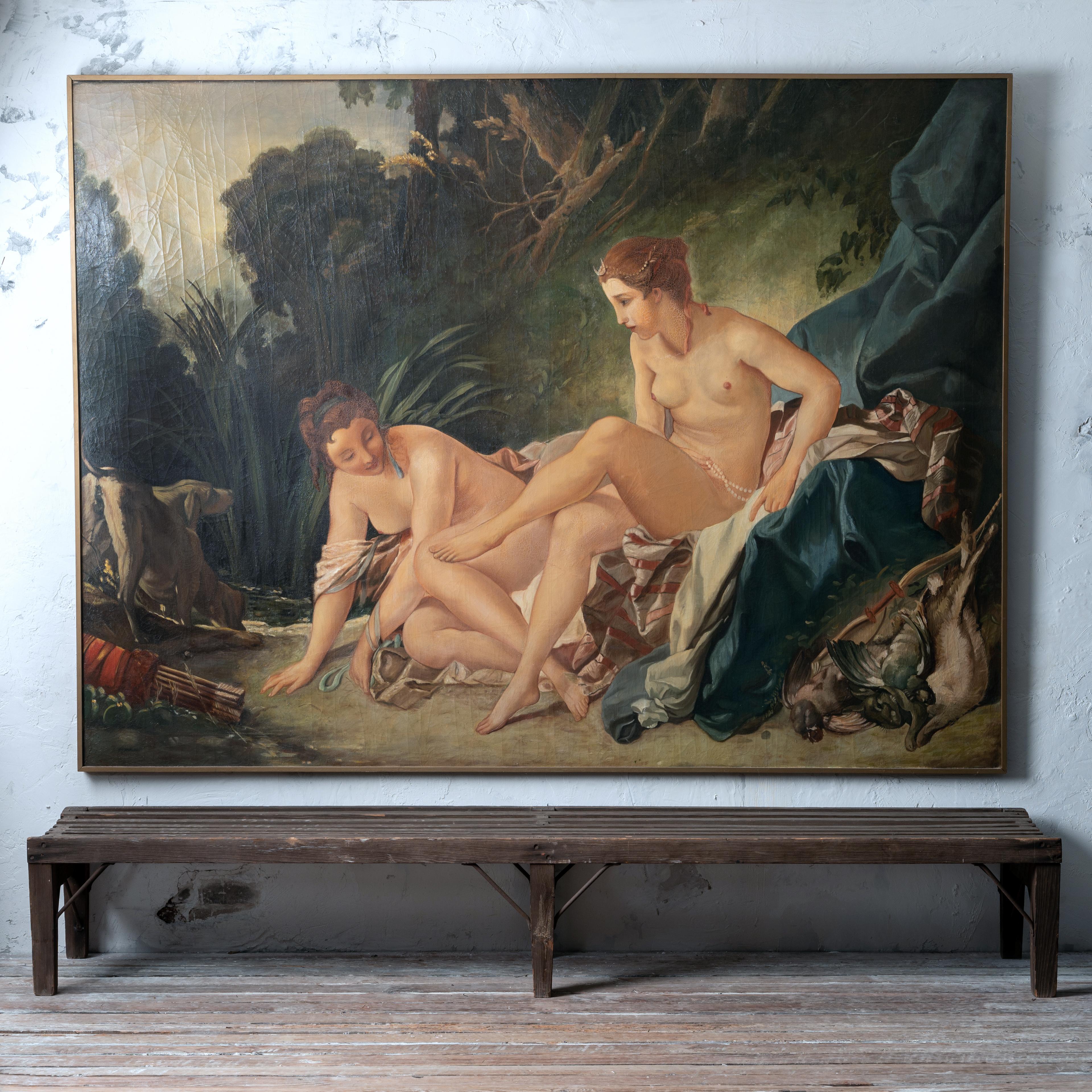 Ein großes Öl auf Leinwand nach François Boucher von einem Werk aus dem Jahr 1742, das sich im Louvre befindet, Diane sortant du bain oder Diana Bathing.  Frankreich, Ende des 19. Jahrhunderts.

93 x 69 ¼ Zoll; 1 ½ Zoll tief

