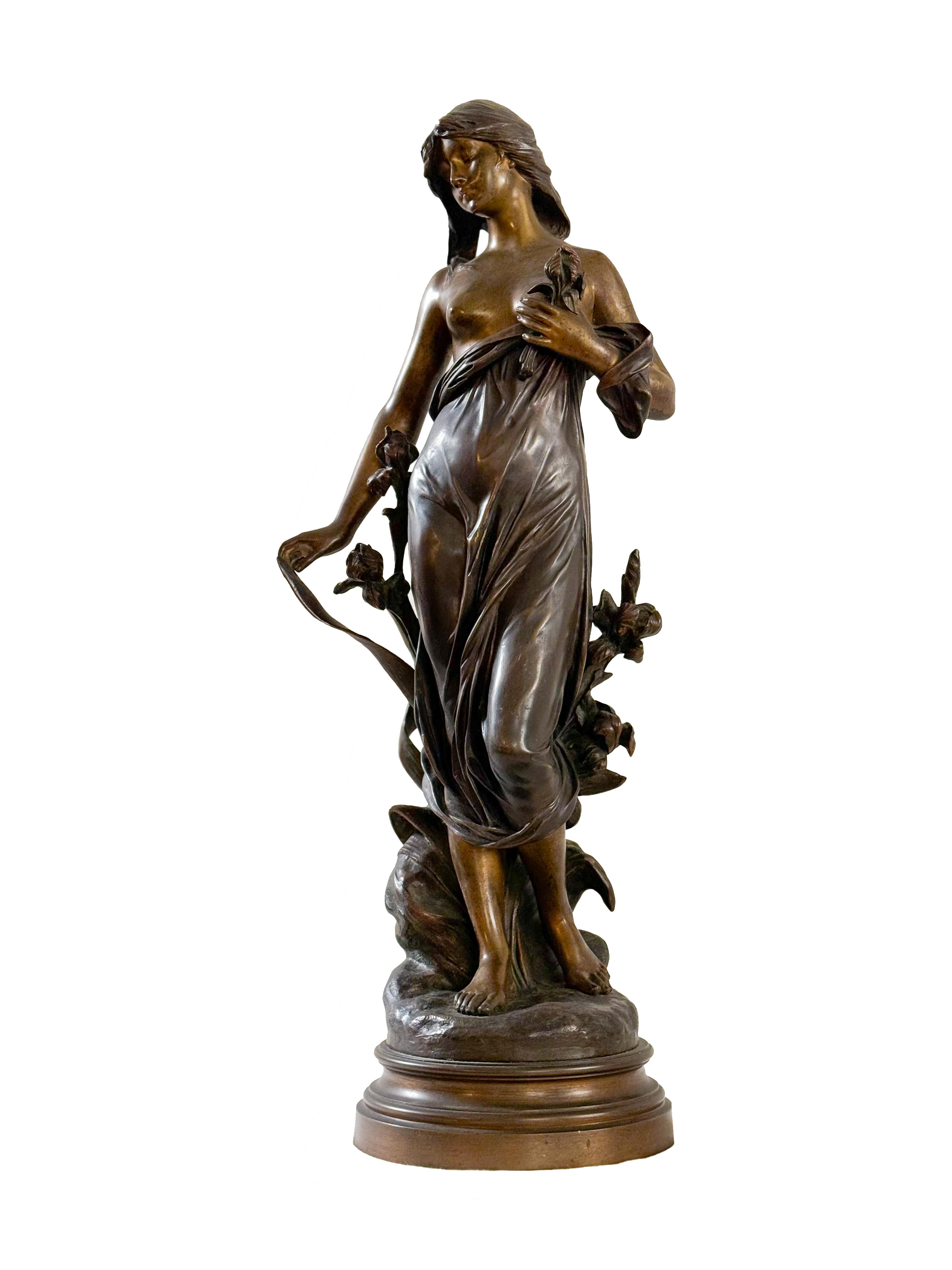 A powerful 19th-century bronze sculpture of the Roman goddess of the hunt, Diana, captured mid-motion by the celebrated French artist Edouard Drouot. 
This patinated bronze figurine embodies the elegance and dynamism of the Napoleon III