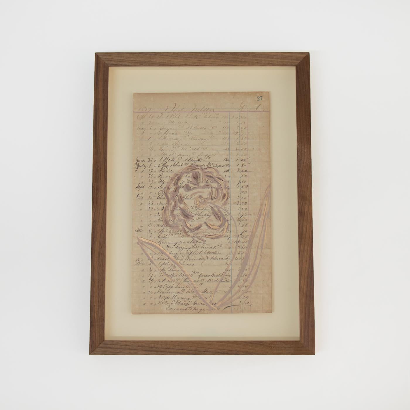 Beautiful acrylic painting on a 1800's paper by contemporary artist Afsoon Thayer. Flower motif painted with Farrow and Ball paint, pastel, and gold leaf on a ledger from a general store account book from England, 1800's. Each piece is unique and