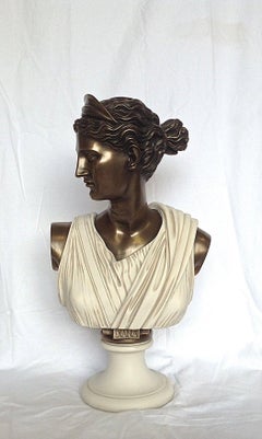 Diana Chasseresse Bronze and Marble Bust Sculpture, 20th Century