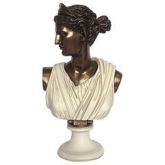 Diana Chasseresse Bronze and Marble Bust Sculpture, 20th Century