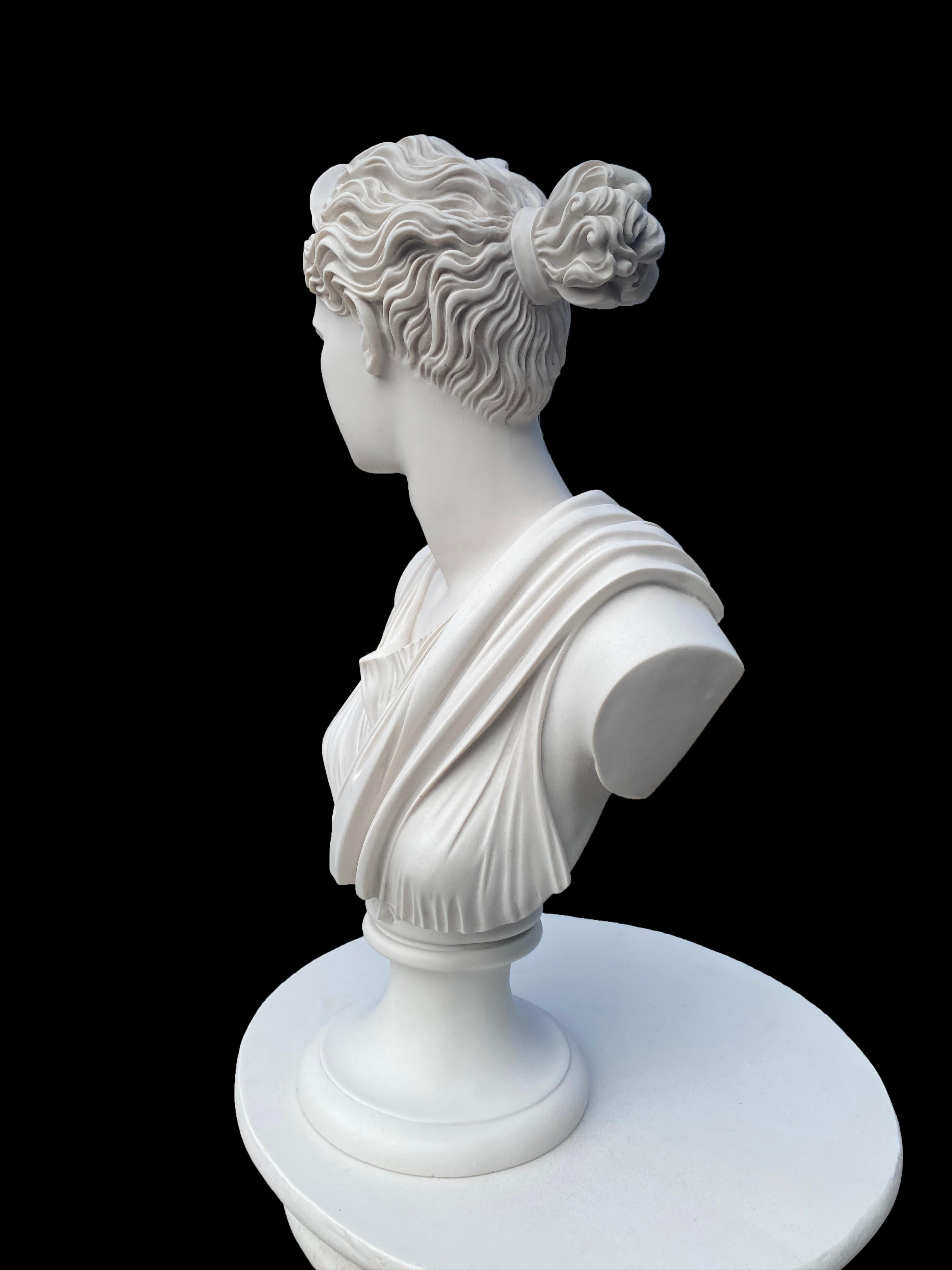 Ce buste de Diane Chasseresse du XXe siècle représente la déesse romaine de la chasse dans un style romain classique. Diana est représentée avec une expression digne et des traits détaillés, reflétant son rôle de protectrice de la faune et de la