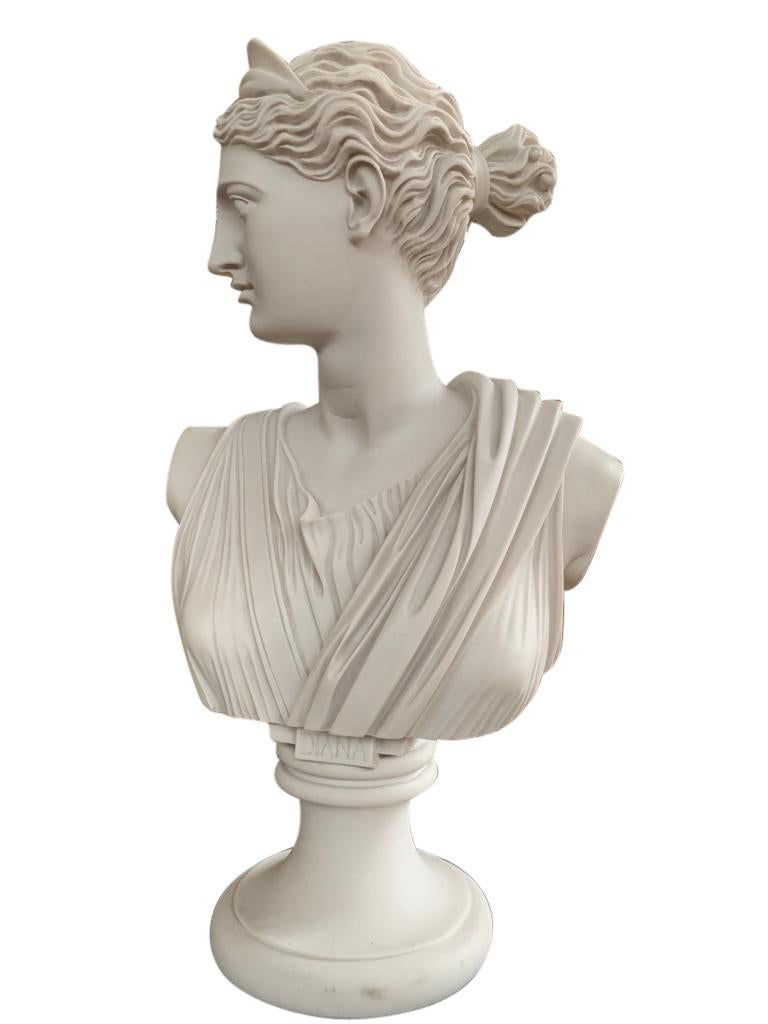 Diana Chasseresse bust, reduction after the slightly over lifesize ancient statue located in the Louvre Museum in Paris. The original goddess Diana statue is a Roman copy (1st to 2nd Century AD) of a Greek bronze original attributed to Leochares,