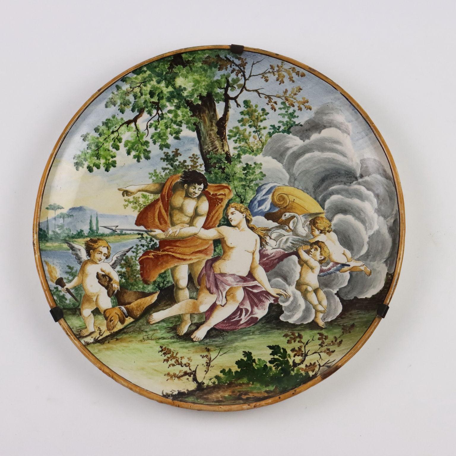 Castelli manufacture polychrome majolica parade plate with a scene historiated with mythological subjects Diana and Endymion.