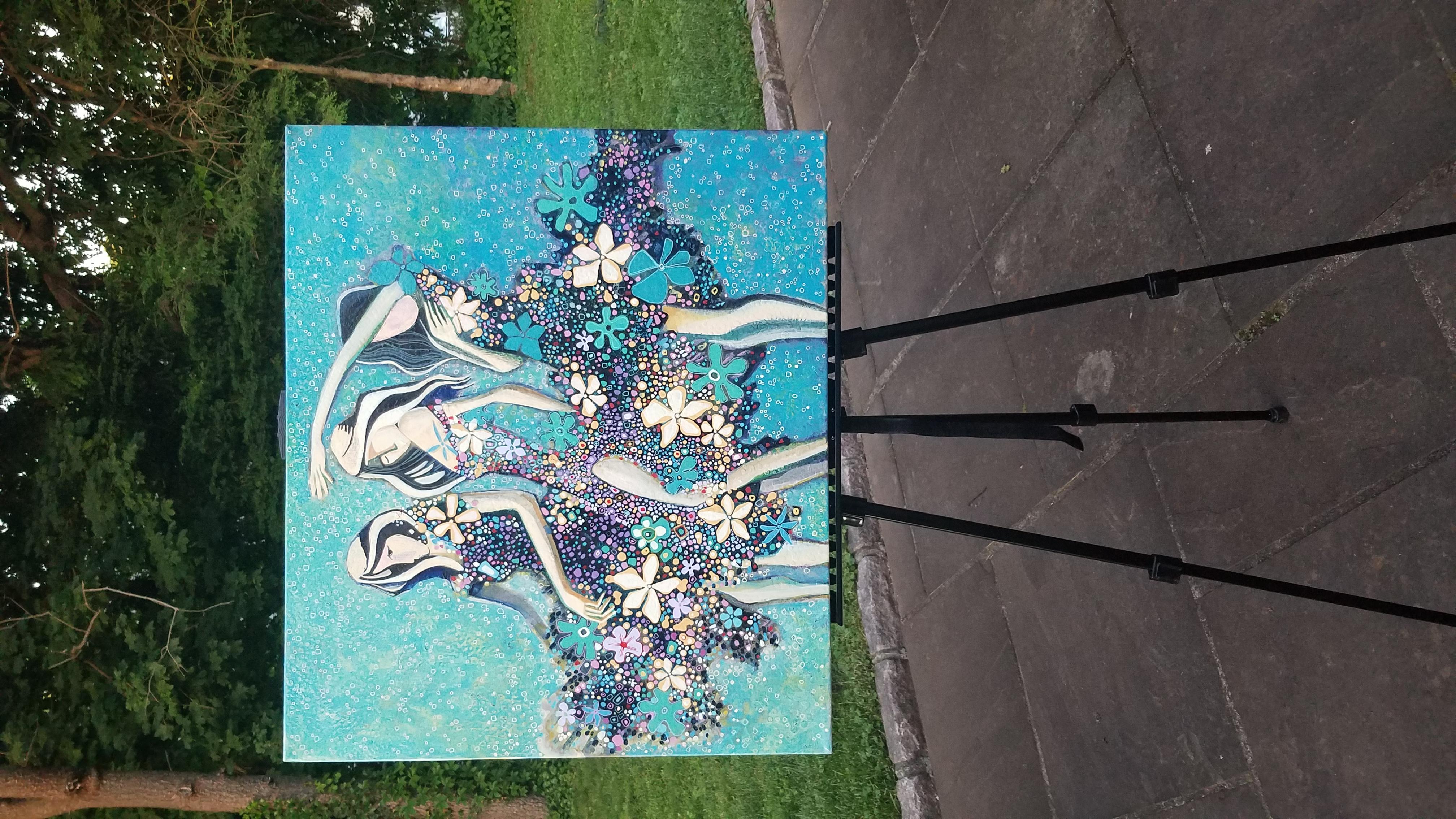 <p>Comentarios del artista<br />La artista Diana Elena Chelaru representa tres figuras femeninas expresionistas en una danza ondulante. Sus vaporosos vestidos estallaron en una alegre explosión de flores azules. Consigue una consistencia única