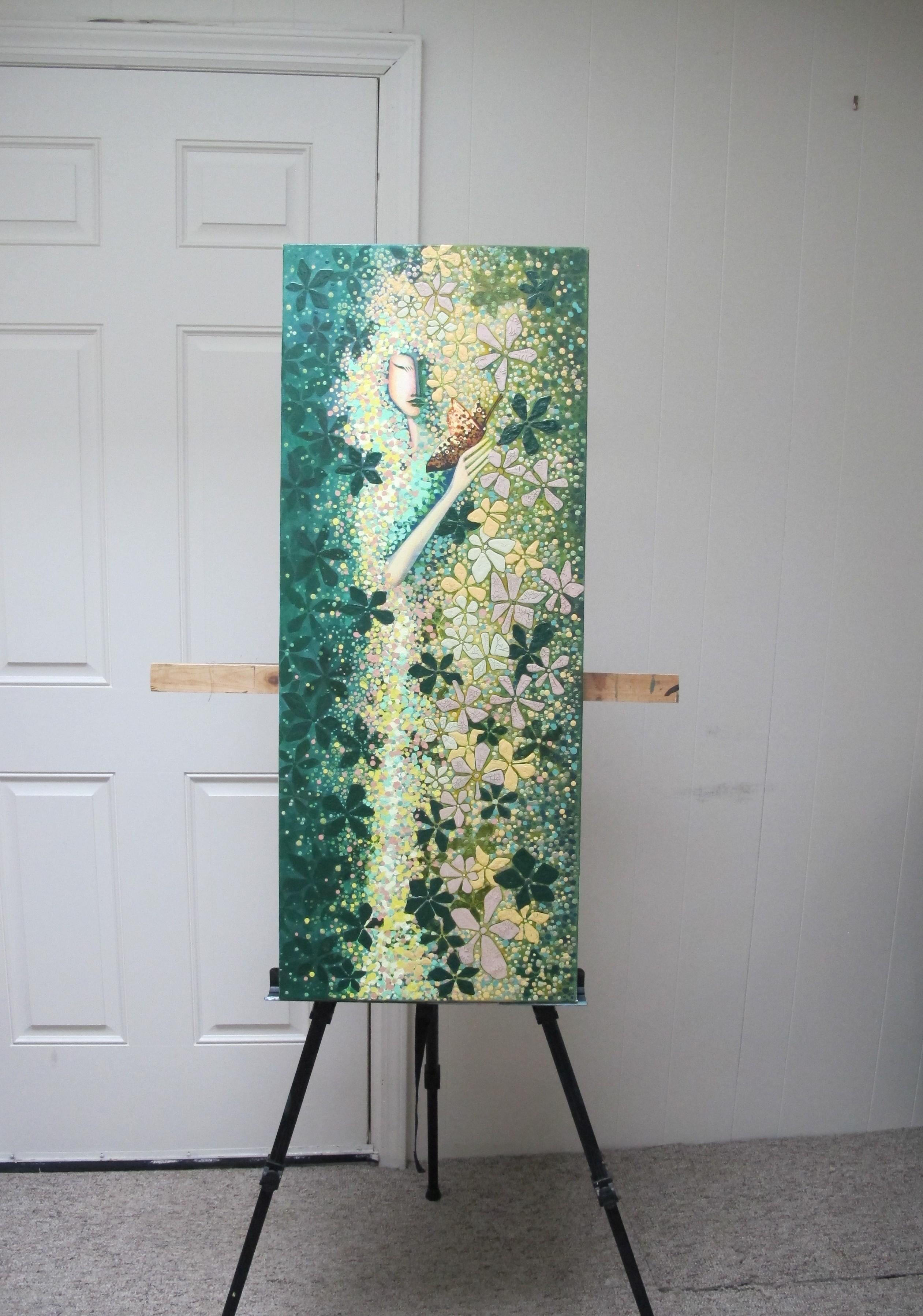 <p>Artist Comments<br />A graceful figure appears from an abstracted thicket of flowers, a butterfly perches on her long, delicate fingers. Blues, greens, yellow and pink intermingle to build the quiet fantasy.</p><br /><p>About the Artist<br