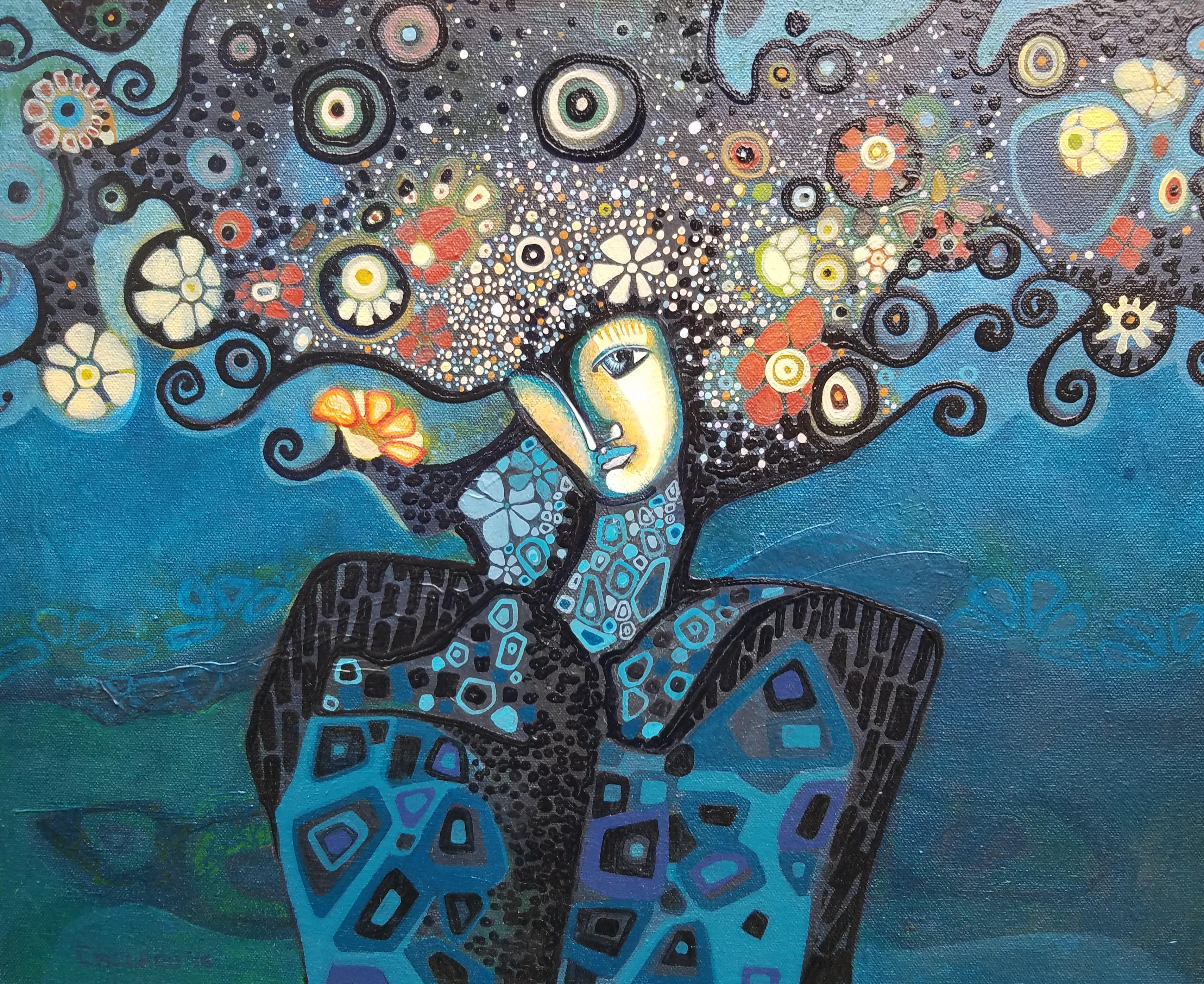 Woman Meditating, Original Painting - Mixed Media Art by Diana Elena Chelaru