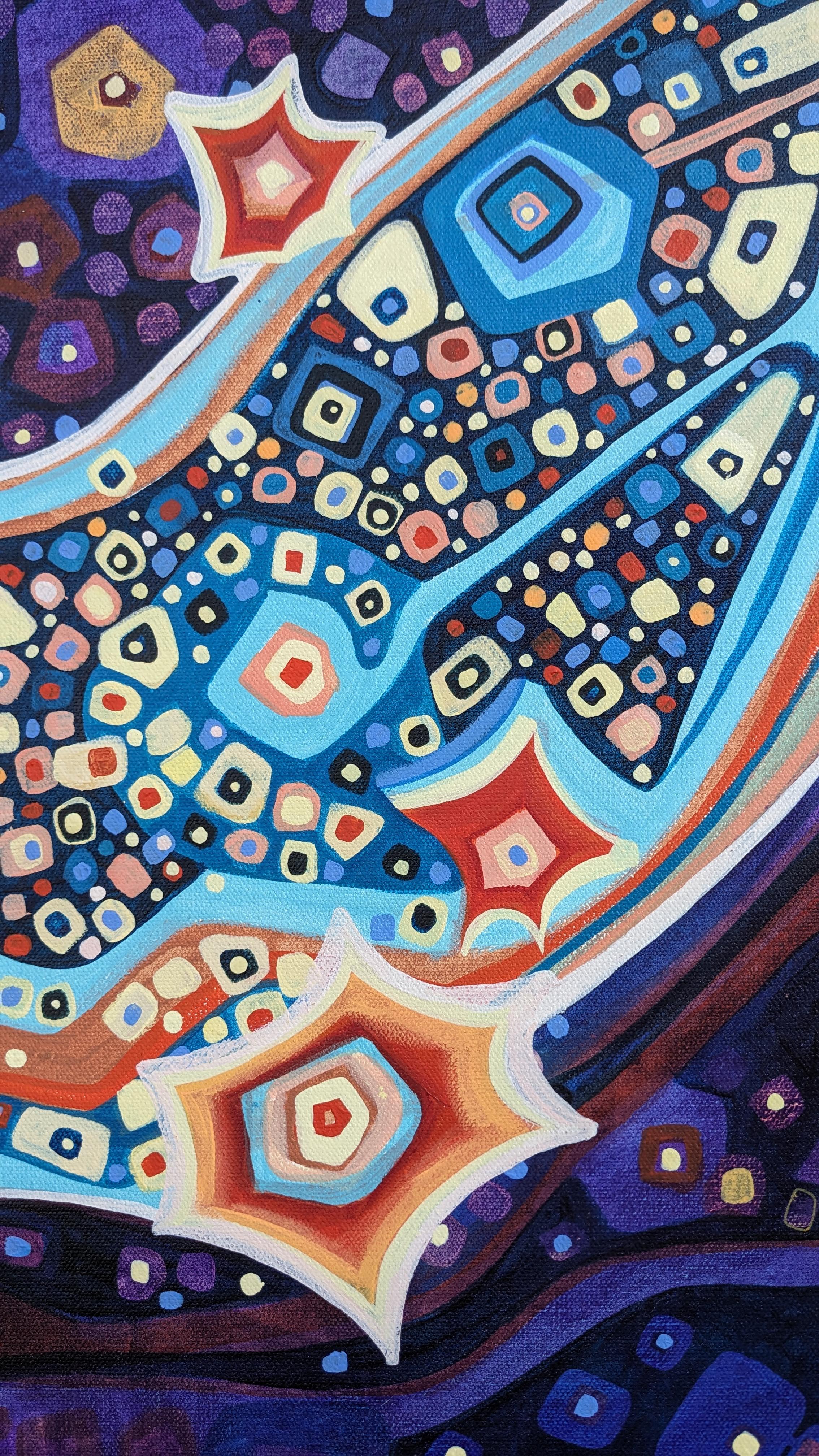 <p>Kommentare des Künstlers<br />Das Kunstwerk stellt eine Abstraktion der Milchstraße dar. Helle und farbenfrohe Sterne zerbersten über der kosmischen Landschaft in tiefen Blau- und Violetttönen. Die Farbpalette schafft ein Gefühl der Tiefe,