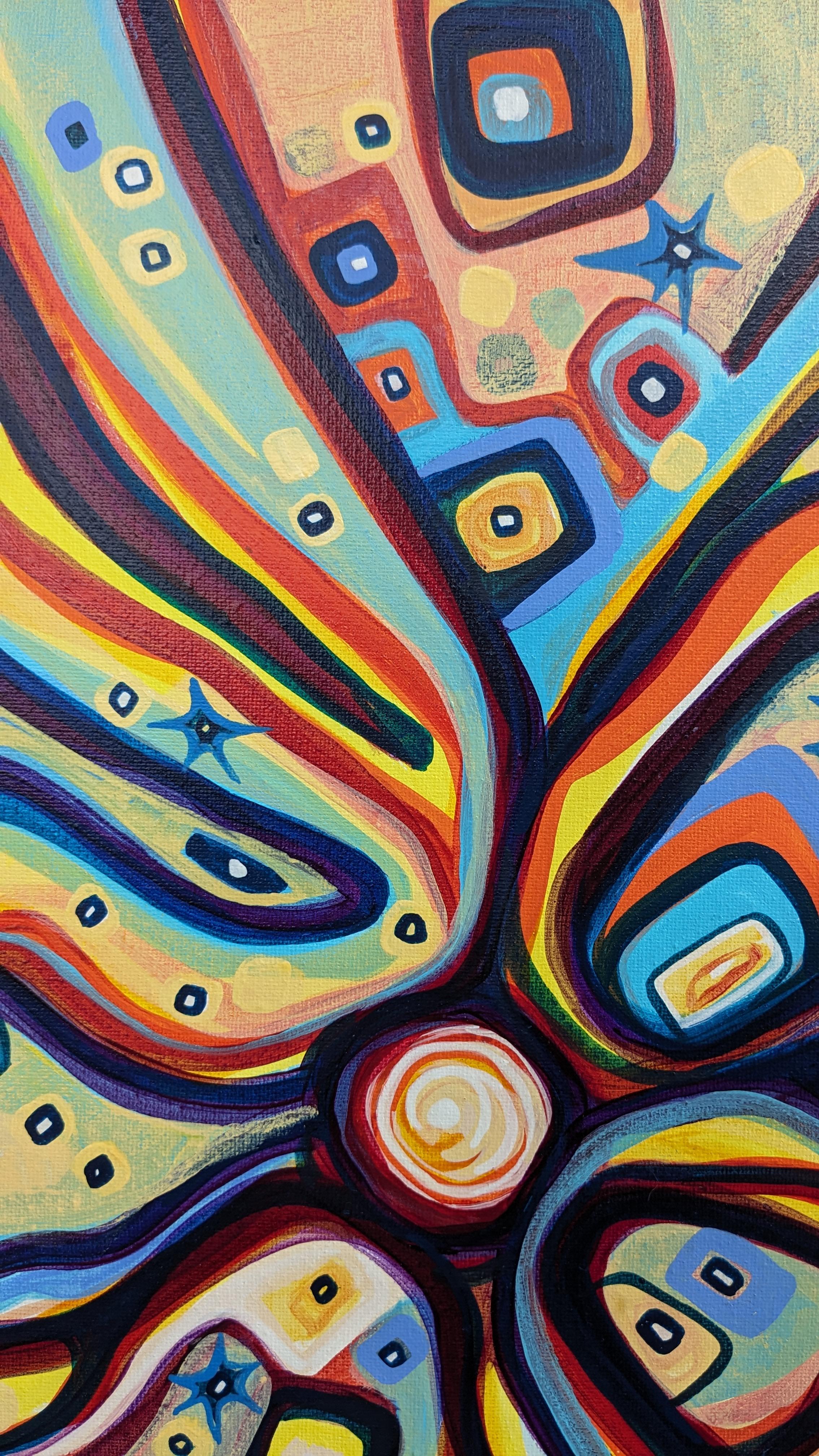 <p>Kommentare des Künstlers<br />Kühne, bunte Linien strahlen von einem leuchtenden Zentrum aus. Leuchtendes Blau, Orange und Gelb sprühen vor Energie. Das Kunstwerk ist vom Weltraum inspiriert und stellt einen von Licht umgebenen Stern dar.</p><br