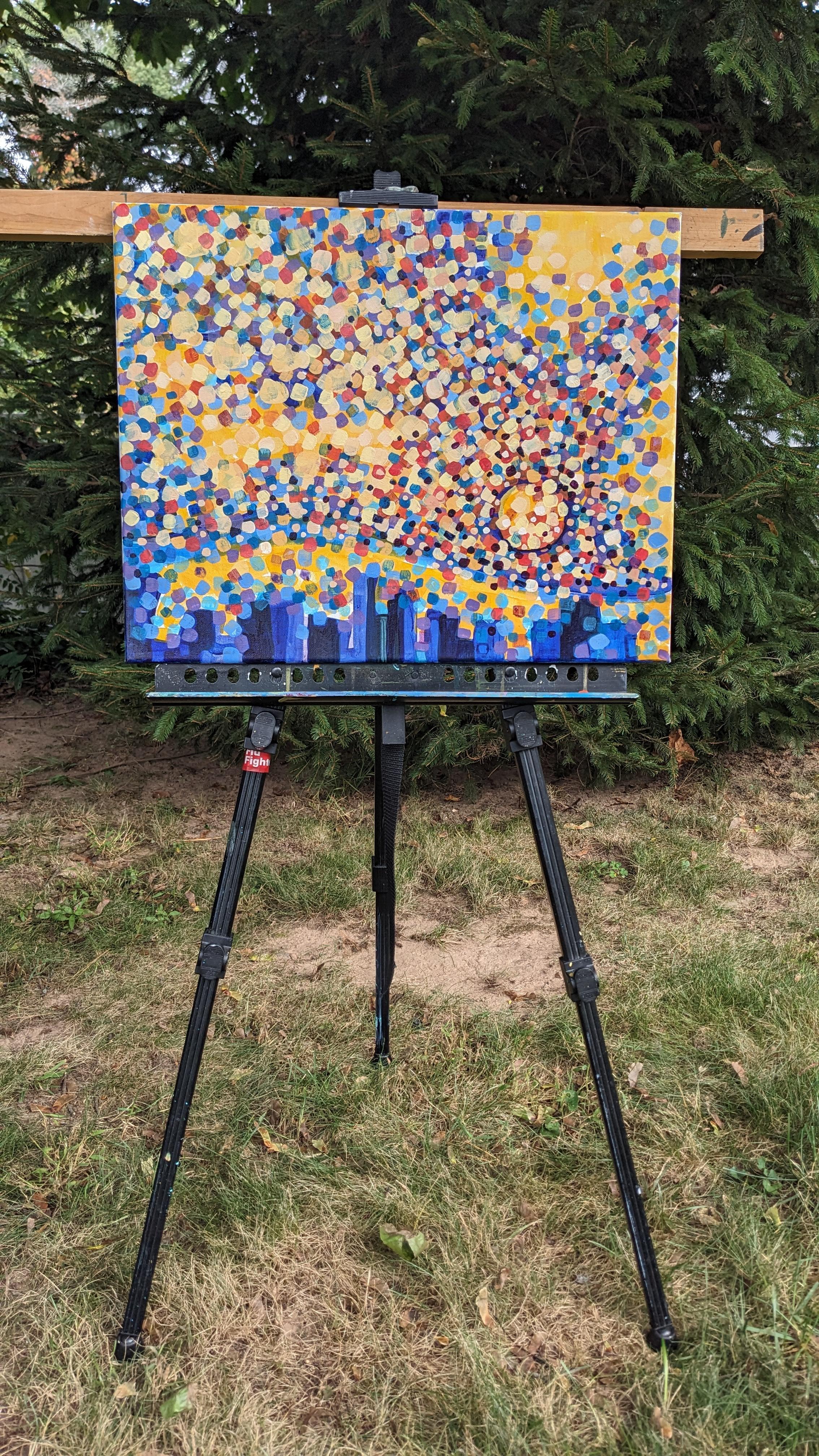 <p>Artist Comments<br />A vast, colorful sky stretches over an abstracted city. Artist Diana Elena Chelaru has intentionally minimized the buildings, letting the sky feel limitless. Her use of yellow, orange, red, and blue reflects her personal