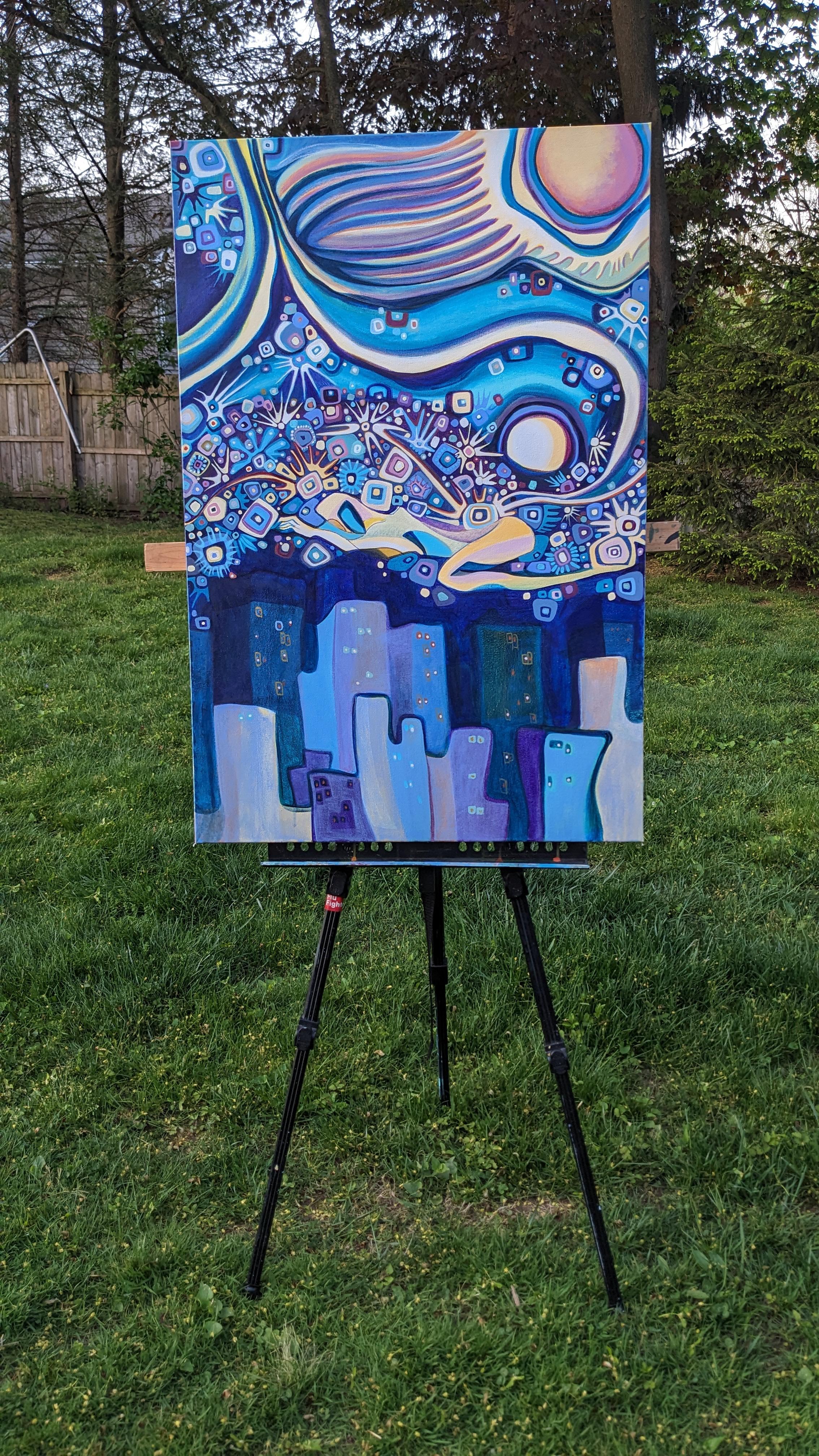 <p>Artist Comments<br />The artwork depicts an expressionist city landscape at night, emphasizing emotions and subjective experience over realism. A woman's figure lies among the stars, adding to the dreamlike allure of the scene. Her posture