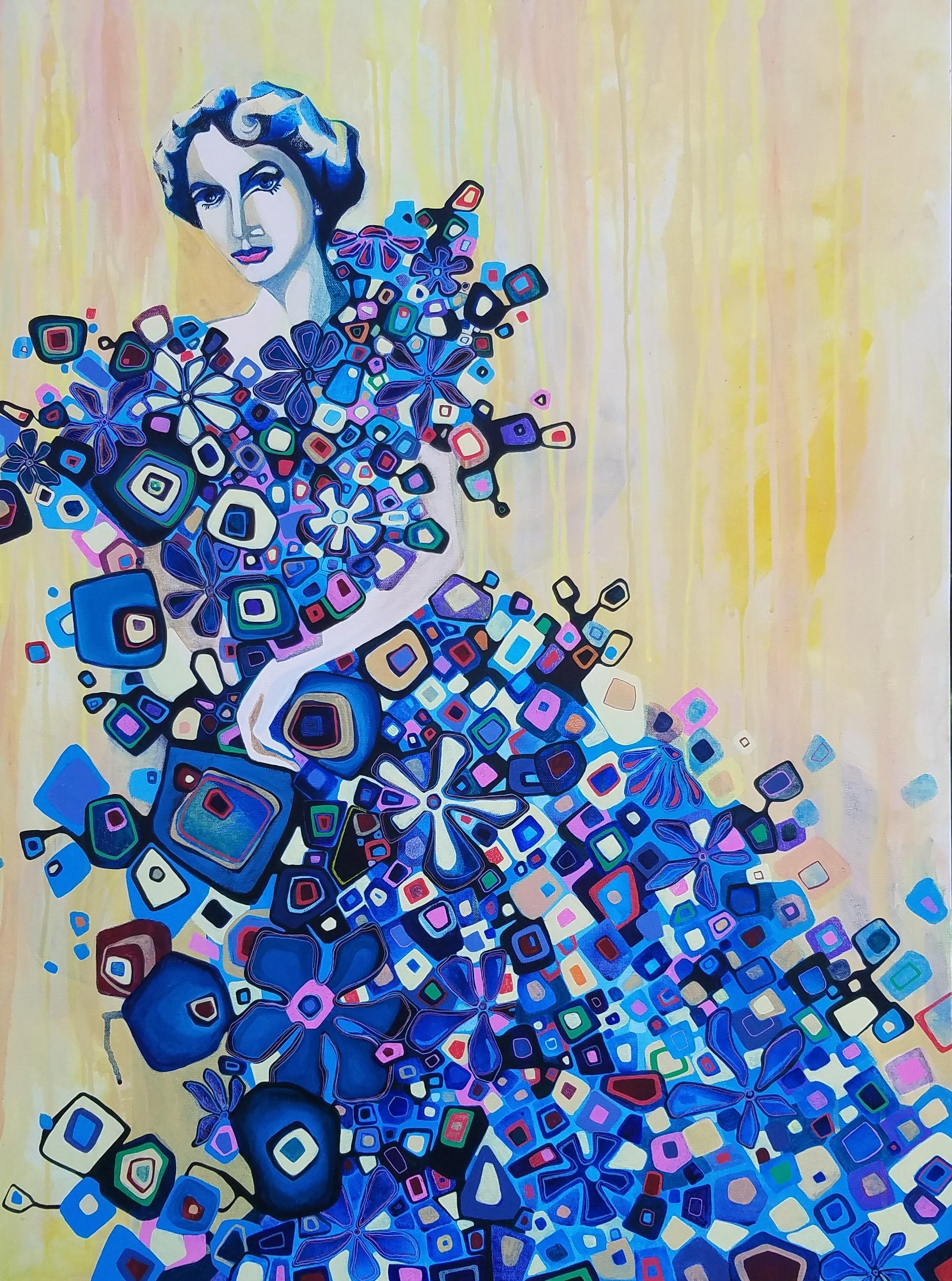 Figurative Painting Diana Elena Chelaru - Woman in a Blue Dress (Femme en robe bleue), peinture originale