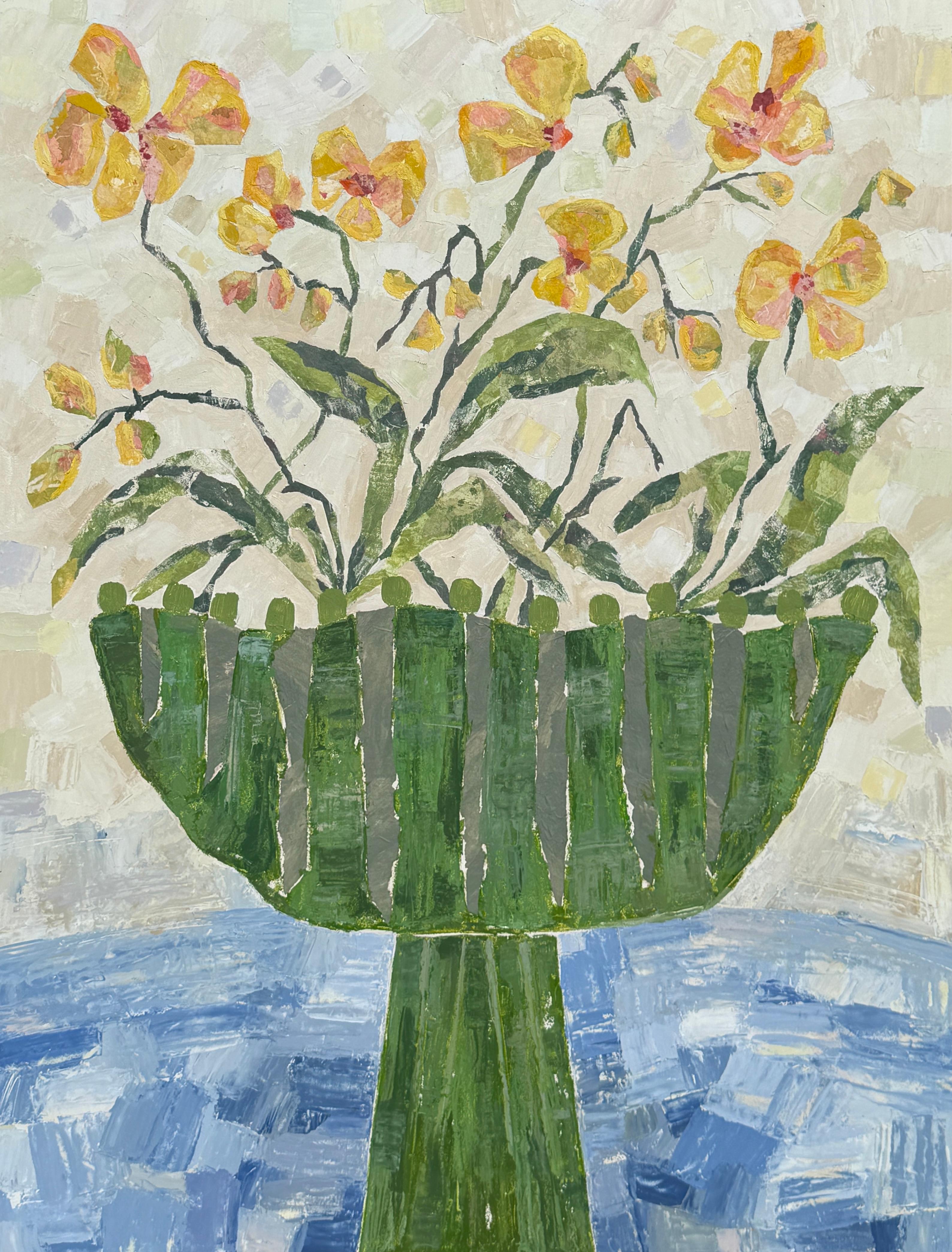 Studio Flowers; gelbe Orchideen auf blau, Originalgemälde, Blumen, zeitgenössisch