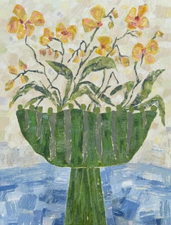 Studio Flowers; yellow orchids on blue & Studio Flowers, Dahlia, diptych