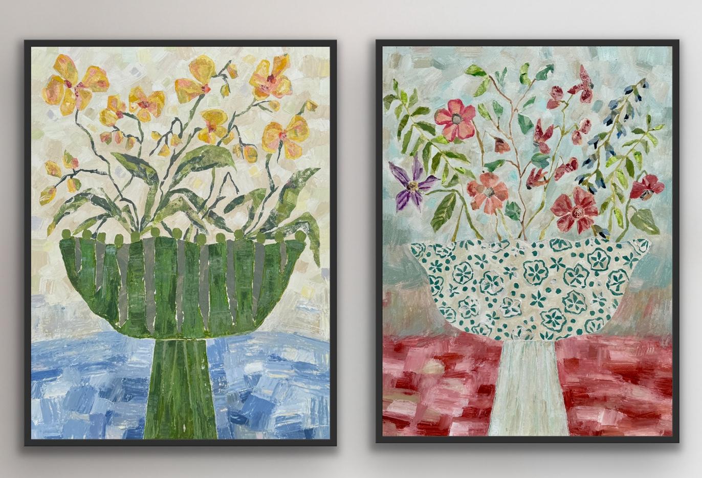 Studio Flowers; yellow orchids on blue & Studio Flowers, Dahlia, diptych