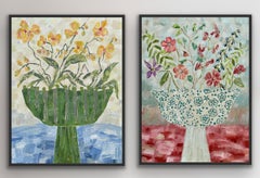 Studio Flowers; yellow orchids on blue & Studio Flowers, Dahlia, diptych