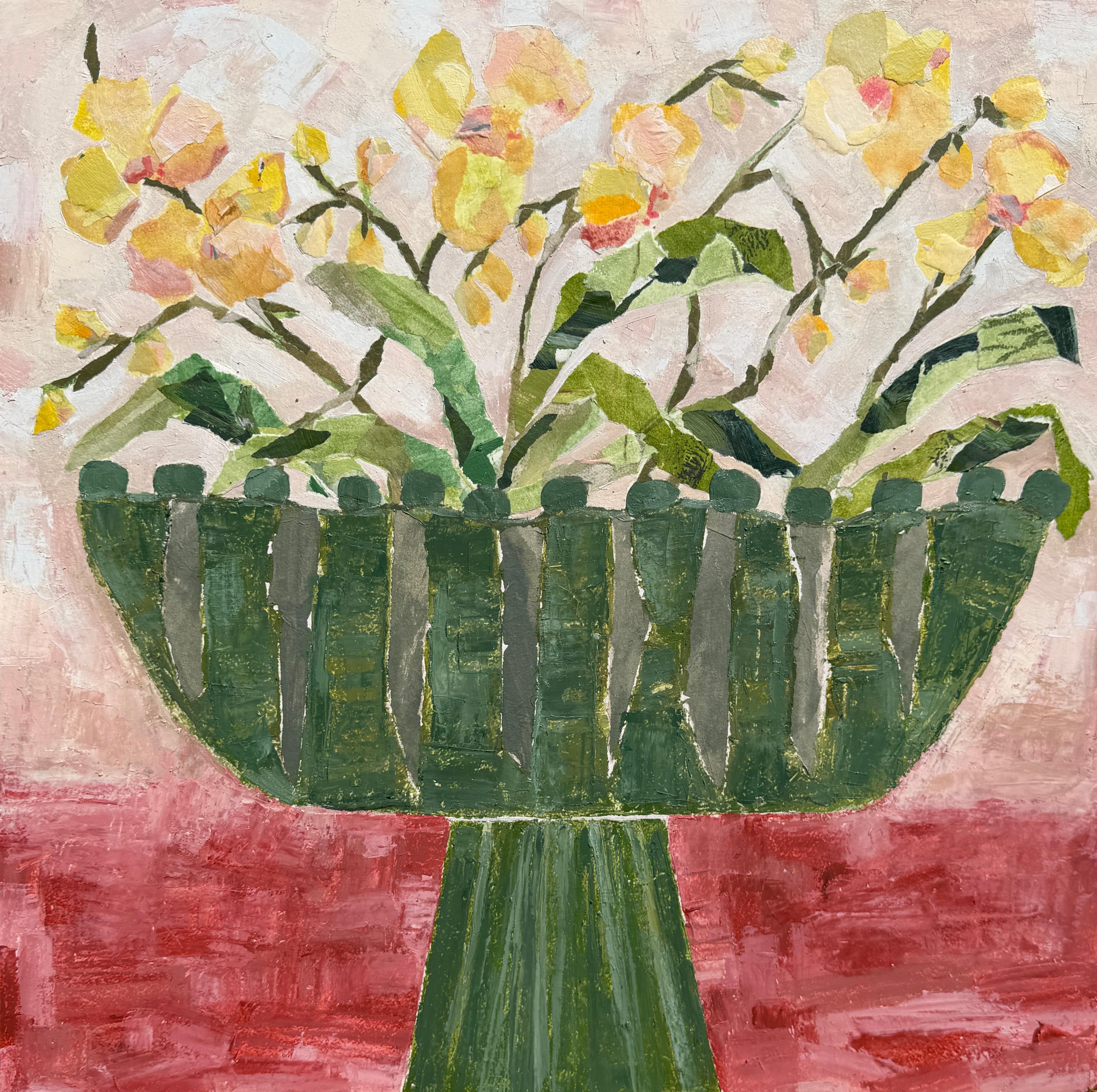 Studio Flowers, Gelbe Orchideen auf Rosa, Originalgemälde, Blumen
