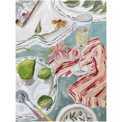 Champagne, Flowers and Fruit, Original Naïve Floral Still Life Painting
