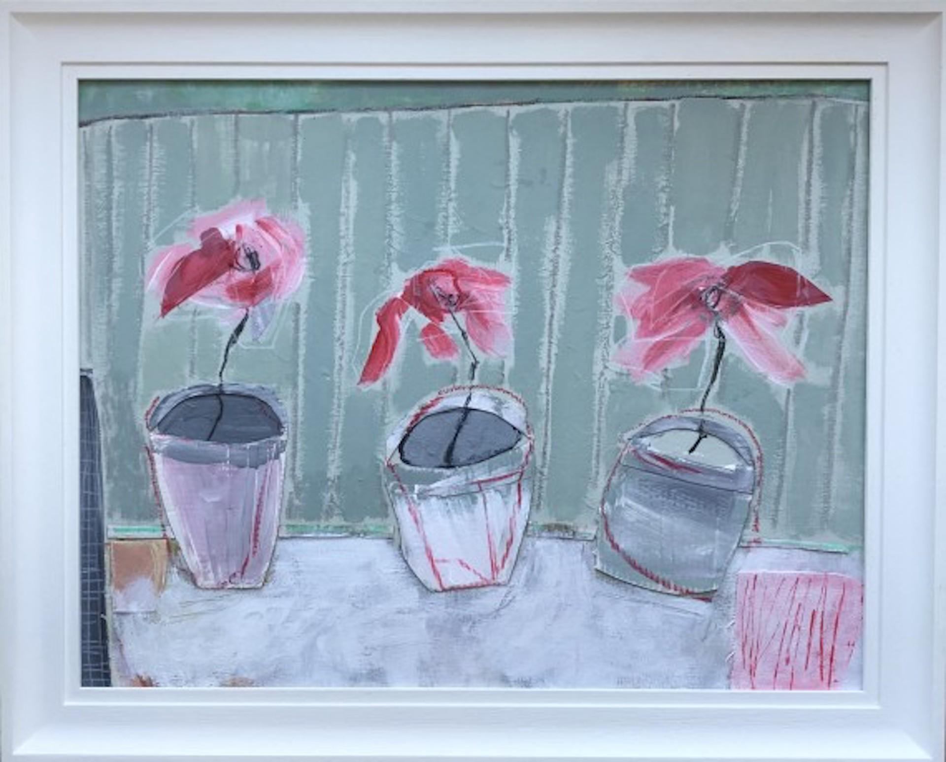 One Gathering is an original painting by Diana Forbes. The artwork is a reflection of time spent in lockdown and the wish to meet up with friends and family again. Socially distanced potted plants, ready to emerge into the world.
Diana Forbes is