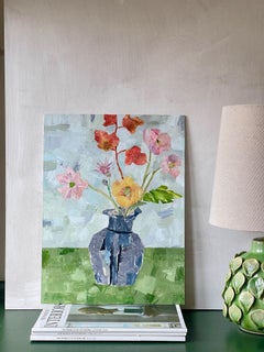 Mohnblumen und blaue Vase, Original Naives Blumenstillleben Gemälde