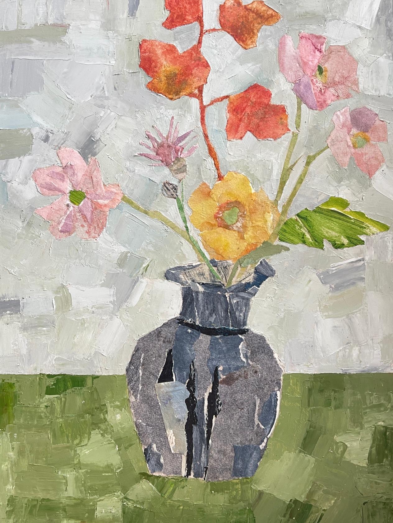 Poppies and Blue Vase, Original Naïve Floral Still Life Painting