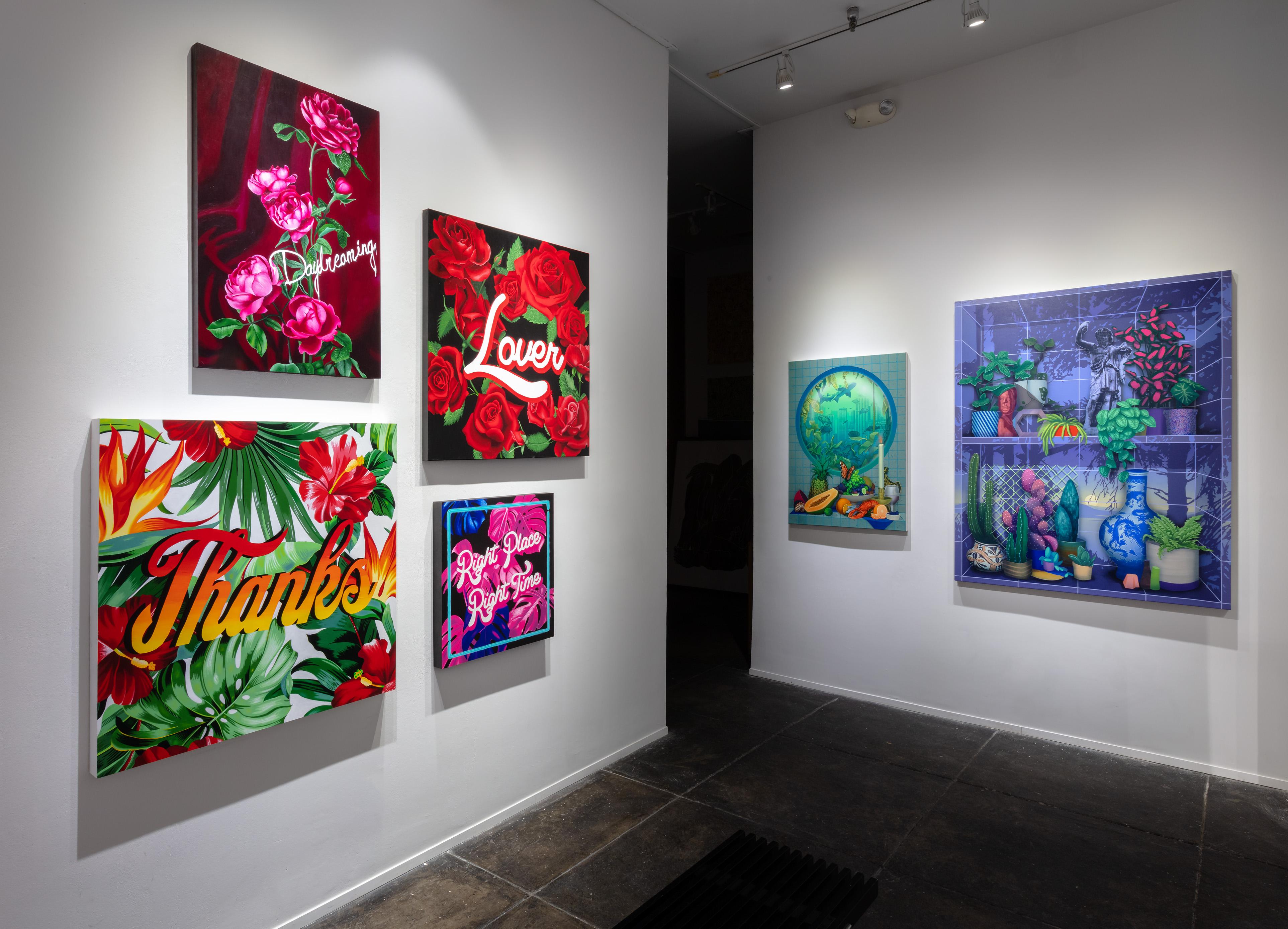 Diana Georgie is known for her text based works that are usually in vibrant and extravagant settings often referencing pop culture and contemporary iconography. Georgie works predominantly in the painted medium, often combining floral elements in a