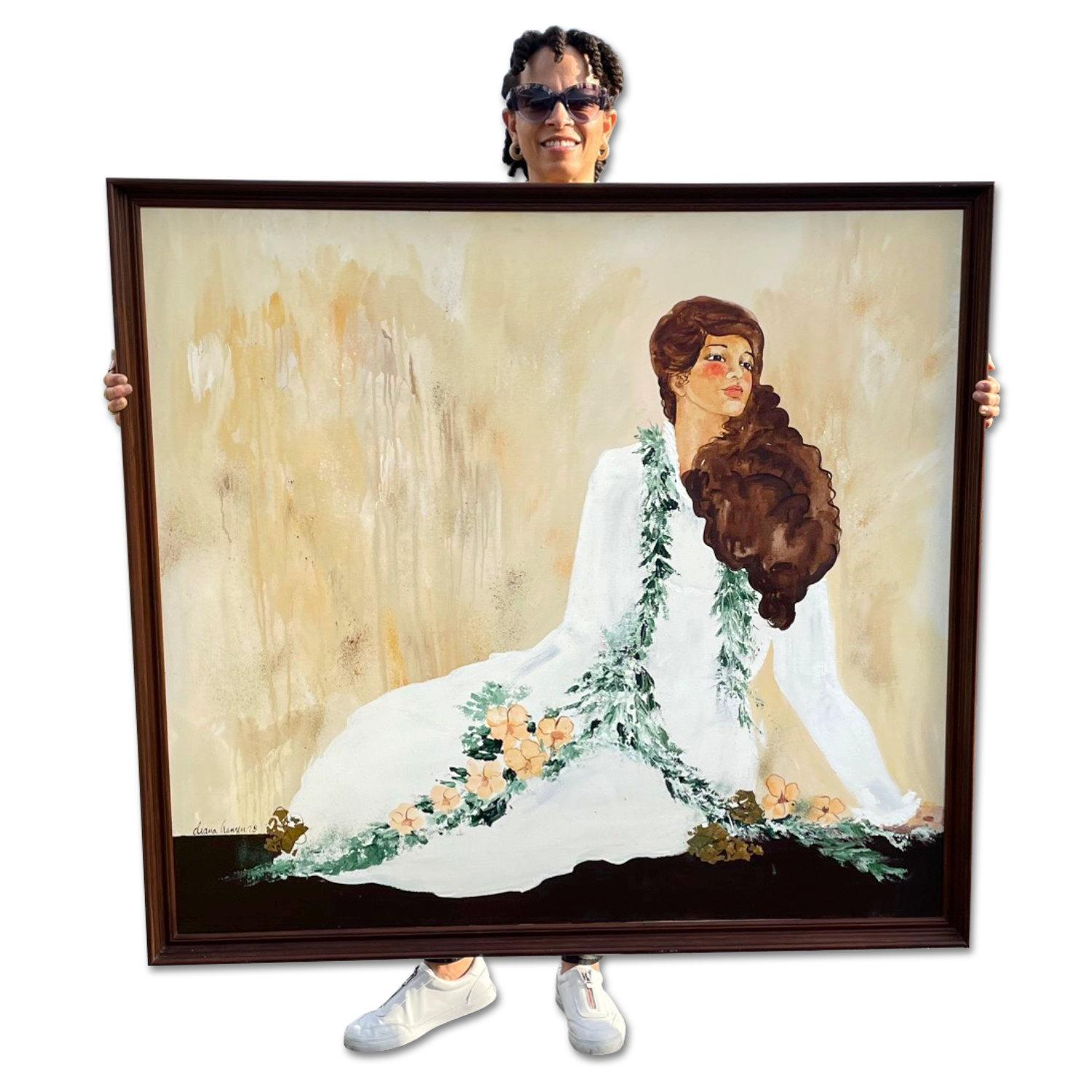 Rare large scale painting by Diana Hansen (Diana Hansen-Young). The painting is unusual for it’s scale. Hansen’s work from this period and into the 1980s typically do not exceed 20 inches. This portrait depicts a woman adorned in ornaments from the