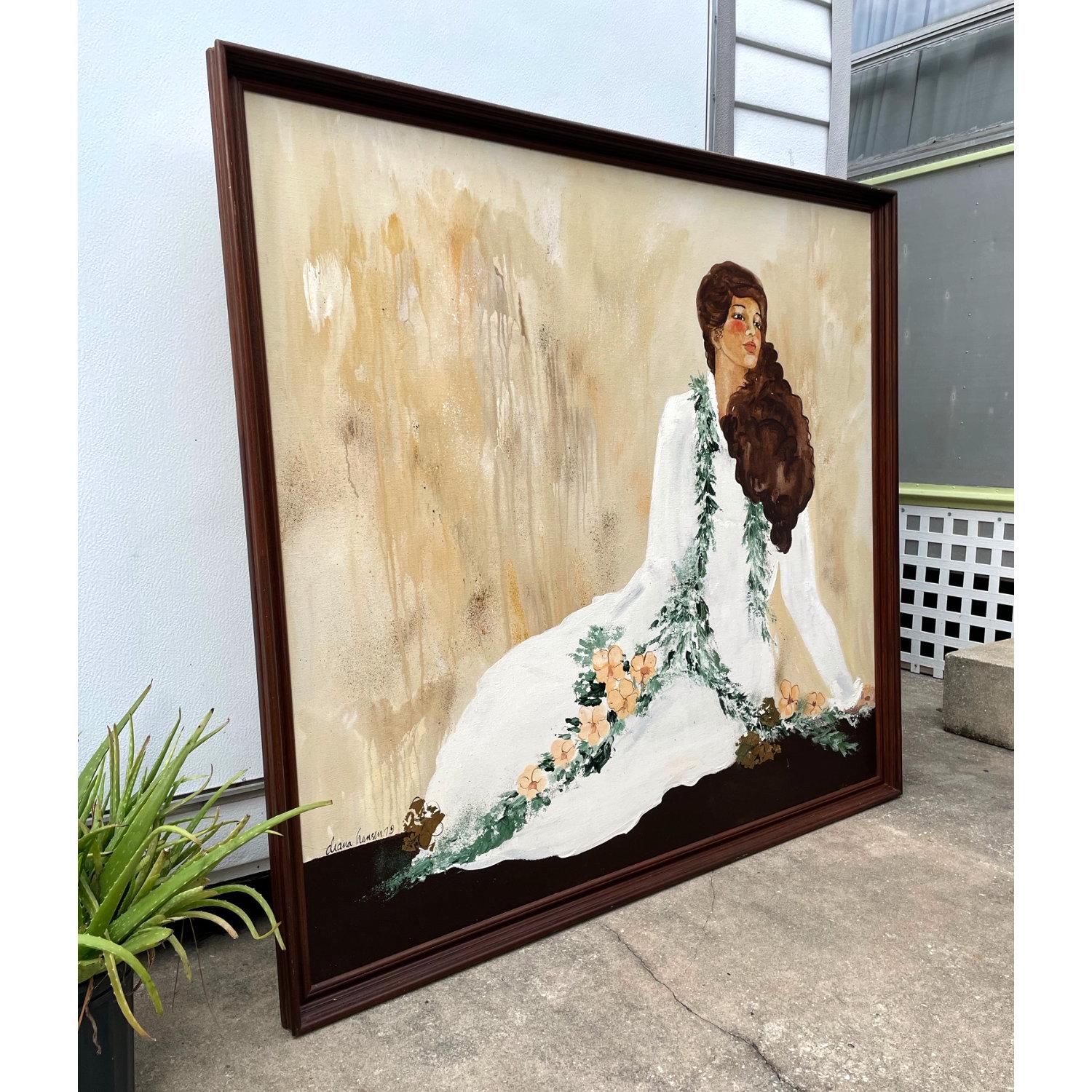 Mid-Century Modern Diana Hansen Young 1979 Hawaiian Woman Portrait Painting Koa Frame