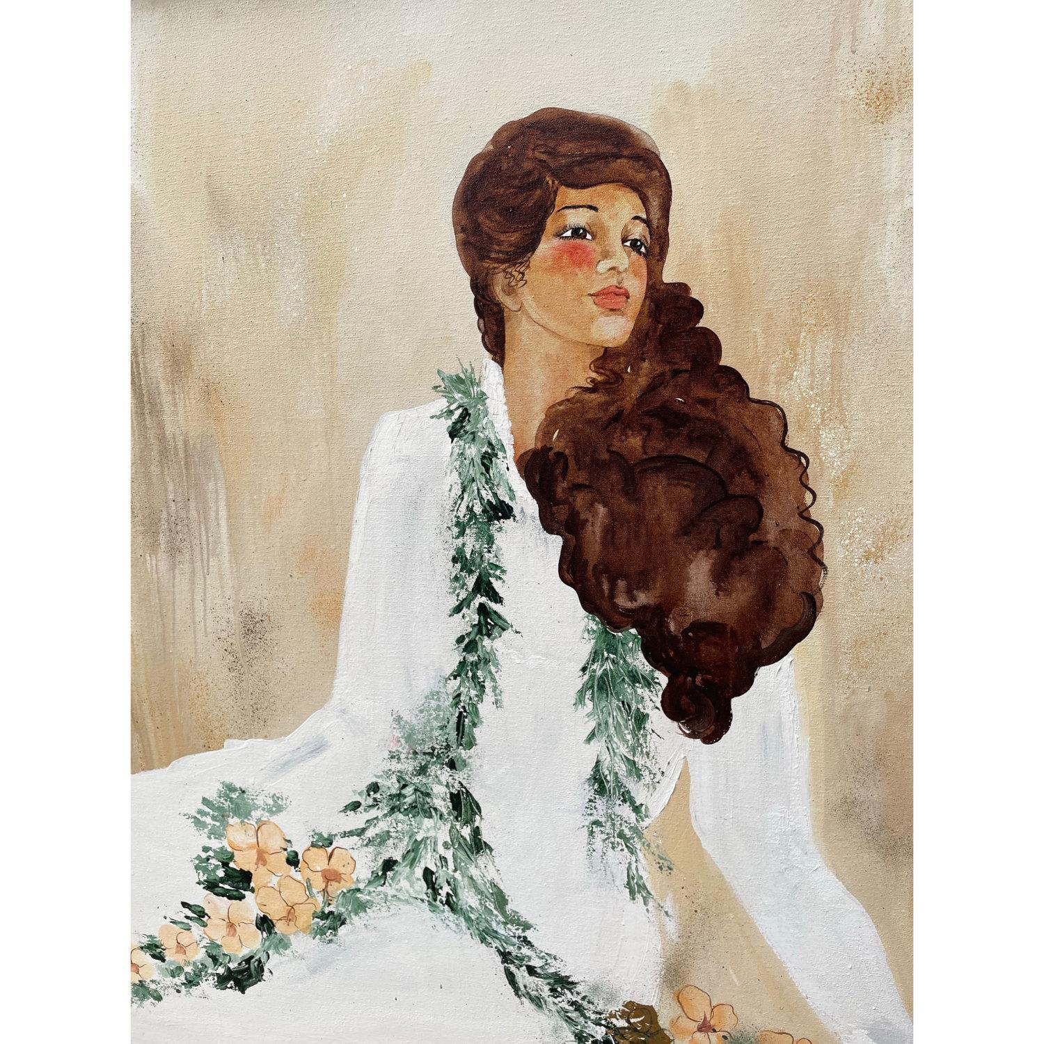 American Diana Hansen Young 1979 Hawaiian Woman Portrait Painting Koa Frame