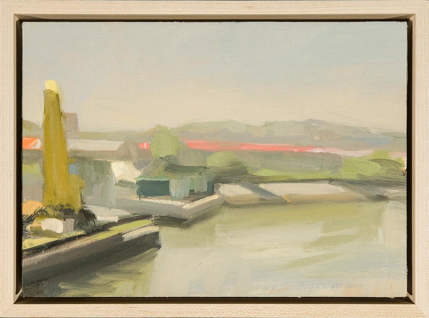 Yellow Crane, Pink Roof  - Painting by Diana Horowitz