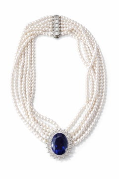 Diana Inspired 17 Carat Natural Tanzanite Diamond and Pearl Necklace