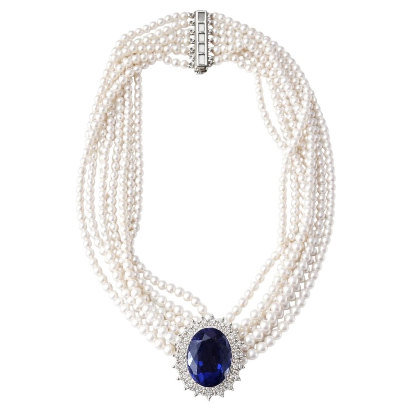 Collier de perles multibrins et diamants Tanzanite naturelle de 17 carats inspiré par Diana