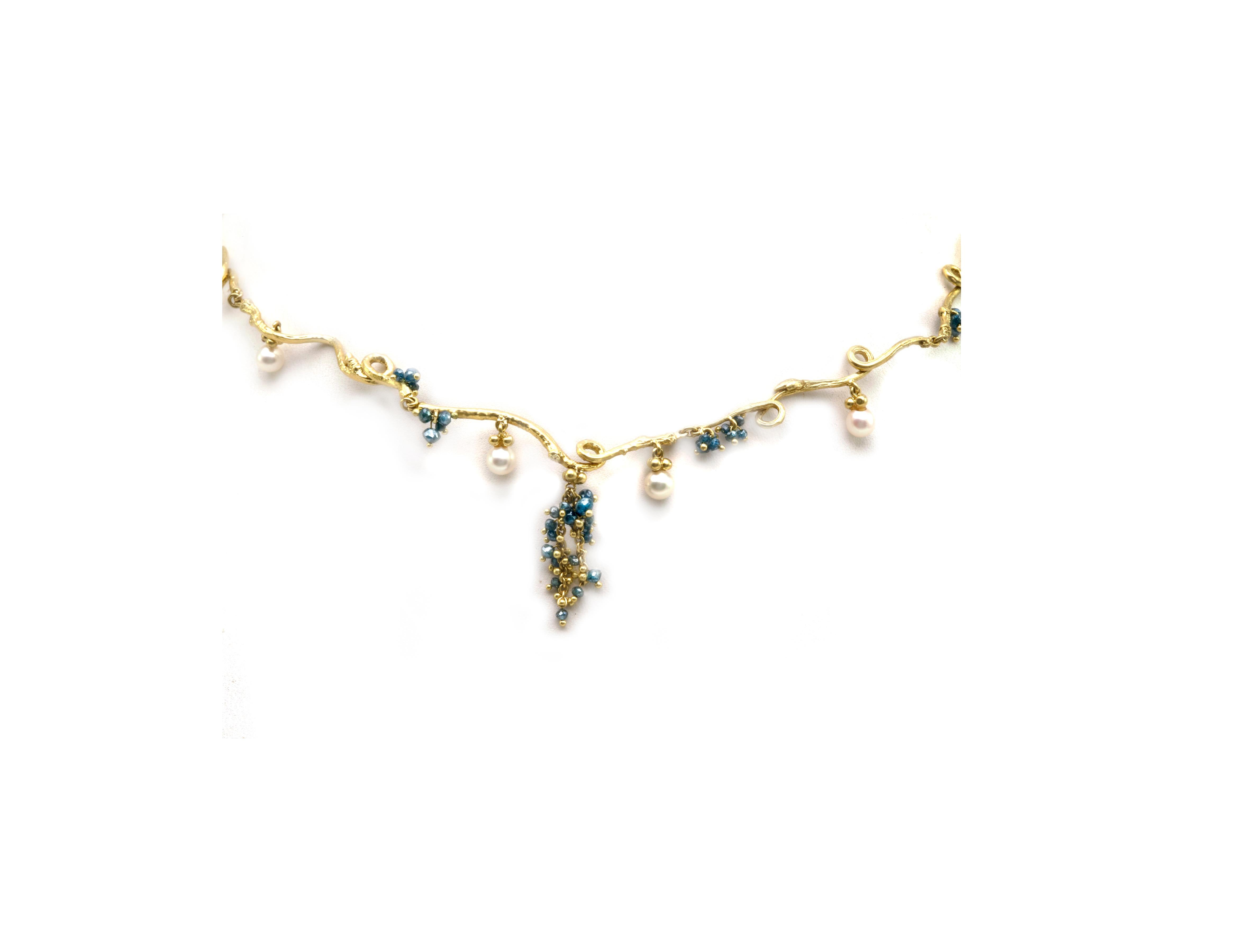 Diana Kim England 18 Karat Twig Necklace with Pearls and Blue Diamond Beads For Sale 2