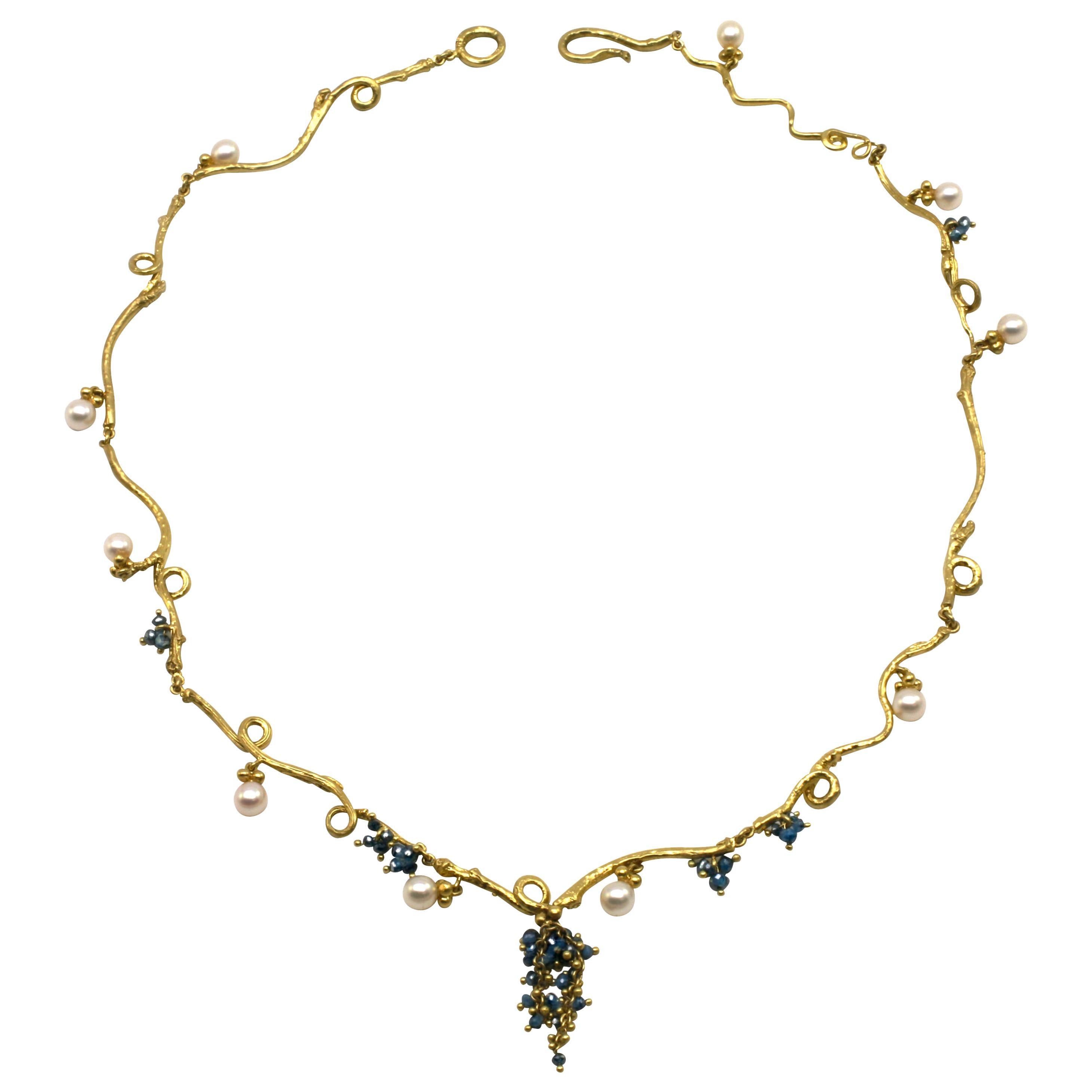 Diana Kim England 18 Karat Twig Necklace with Pearls and Blue Diamond Beads For Sale