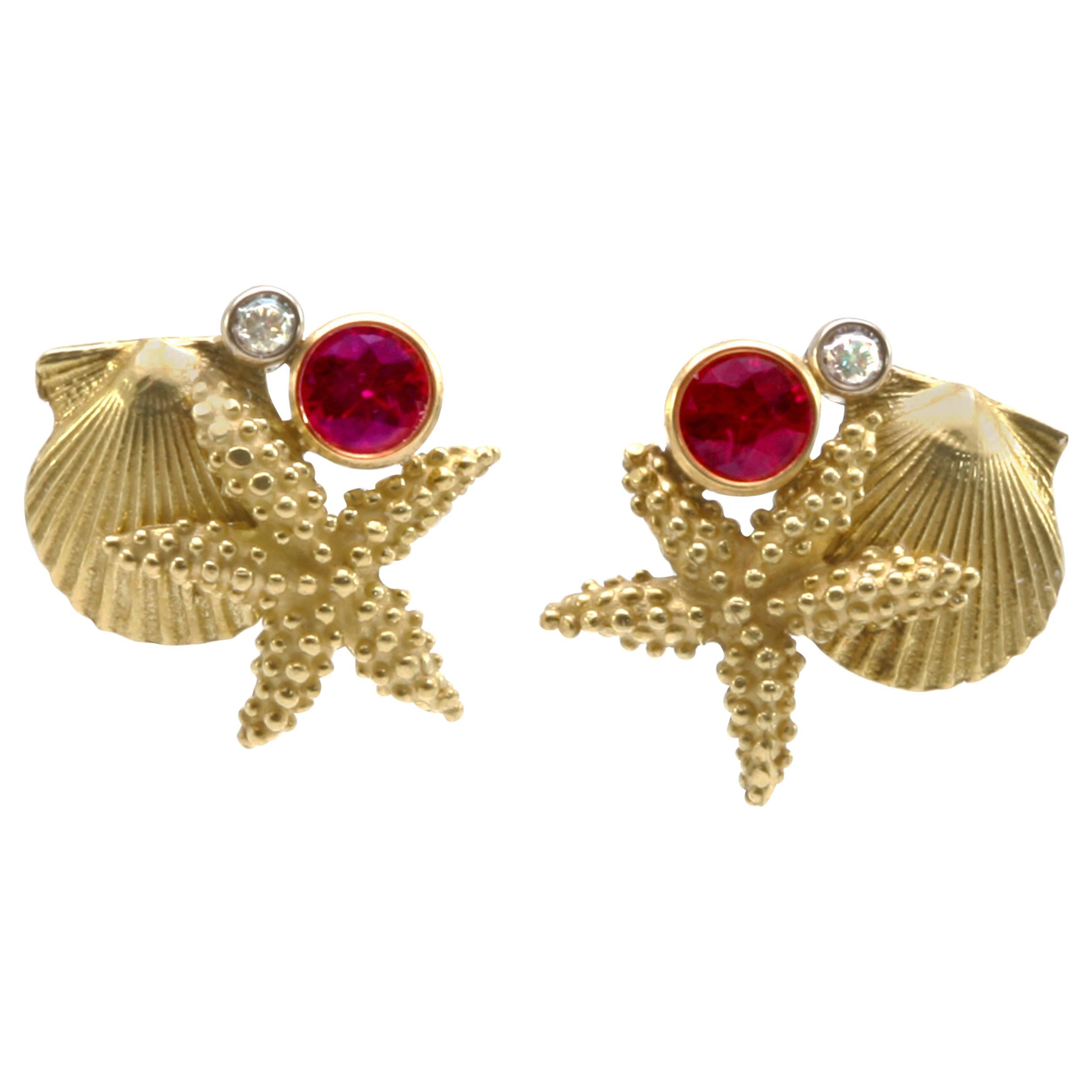 Diana Kim England Starfish, Scallop, Ruby, and Diamond Earrings in 18k For Sale